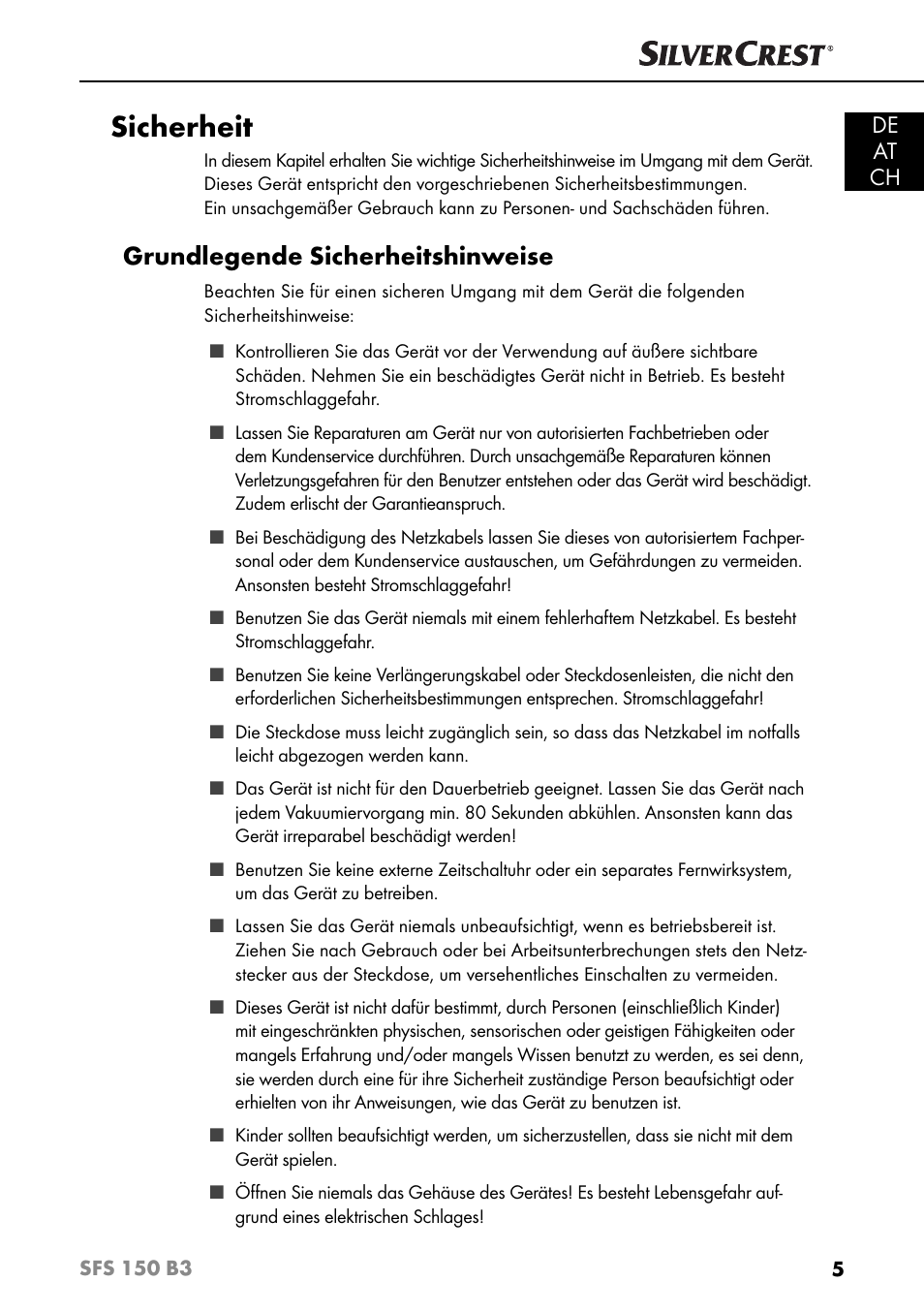 Sicherheit, Grundlegende sicherheitshinweise, De at ch | Silvercrest SFS 150 B3 User Manual | Page 8 / 78