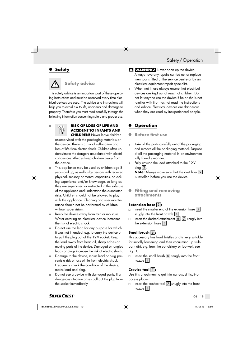 Safety / operation, Safety, Safety advice | Operation, Before ﬁ rst use, Fitting and removing attachments | Silvercrest SHS 12.0 A2 User Manual | Page 19 / 22