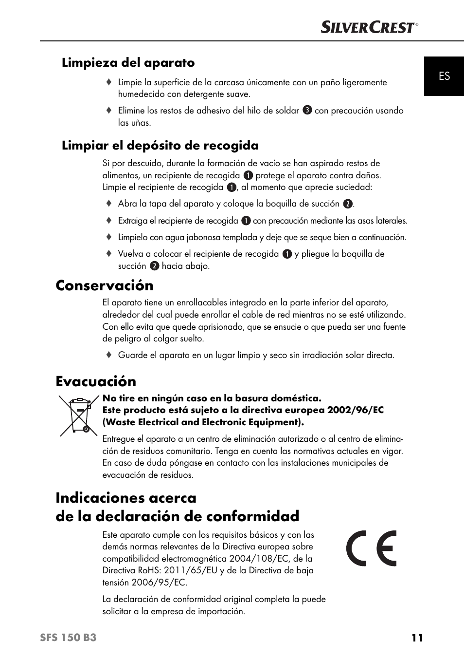 Conservación, Evacuación, Limpieza del aparato | Limpiar el depósito de recogida | Silvercrest SFS 150 B3 User Manual | Page 14 / 80