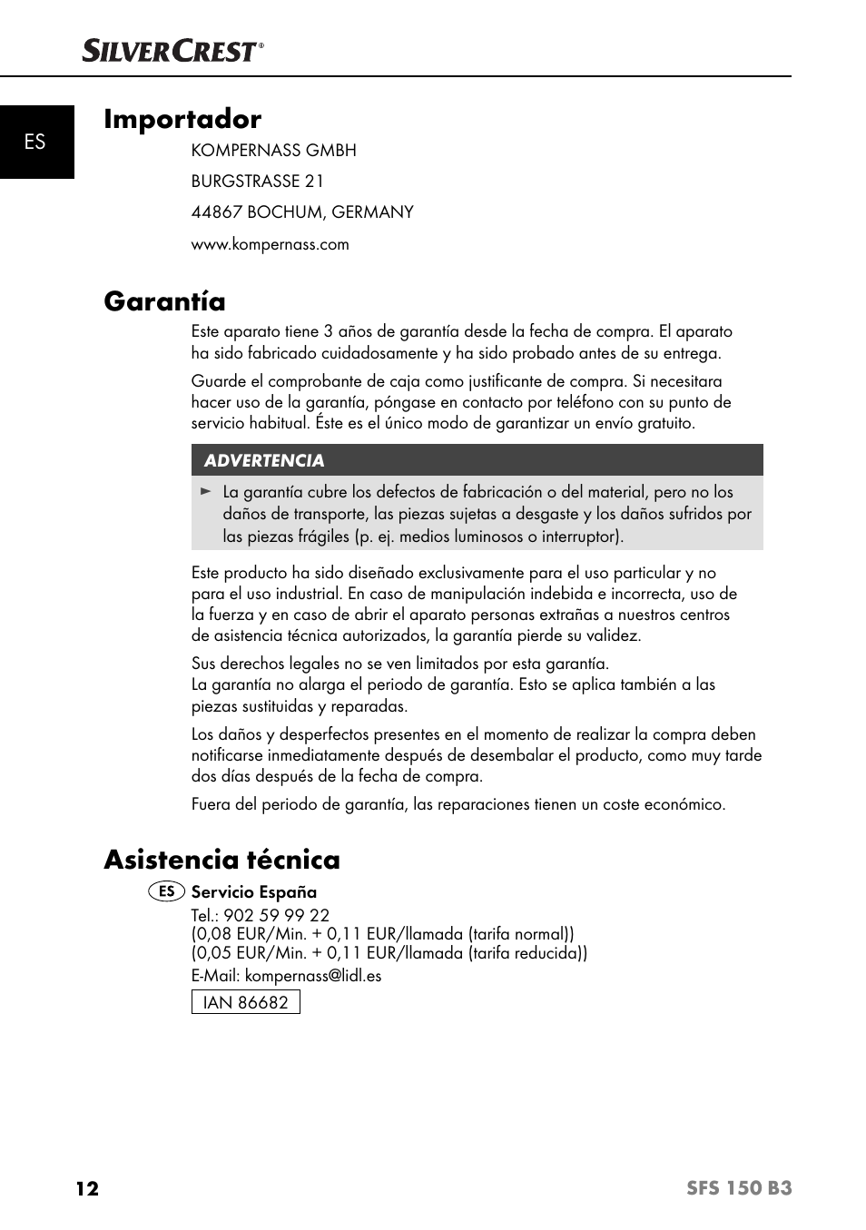 Importador, Garantía, Asistencia técnica | Silvercrest SFS 150 B3 User Manual | Page 15 / 80