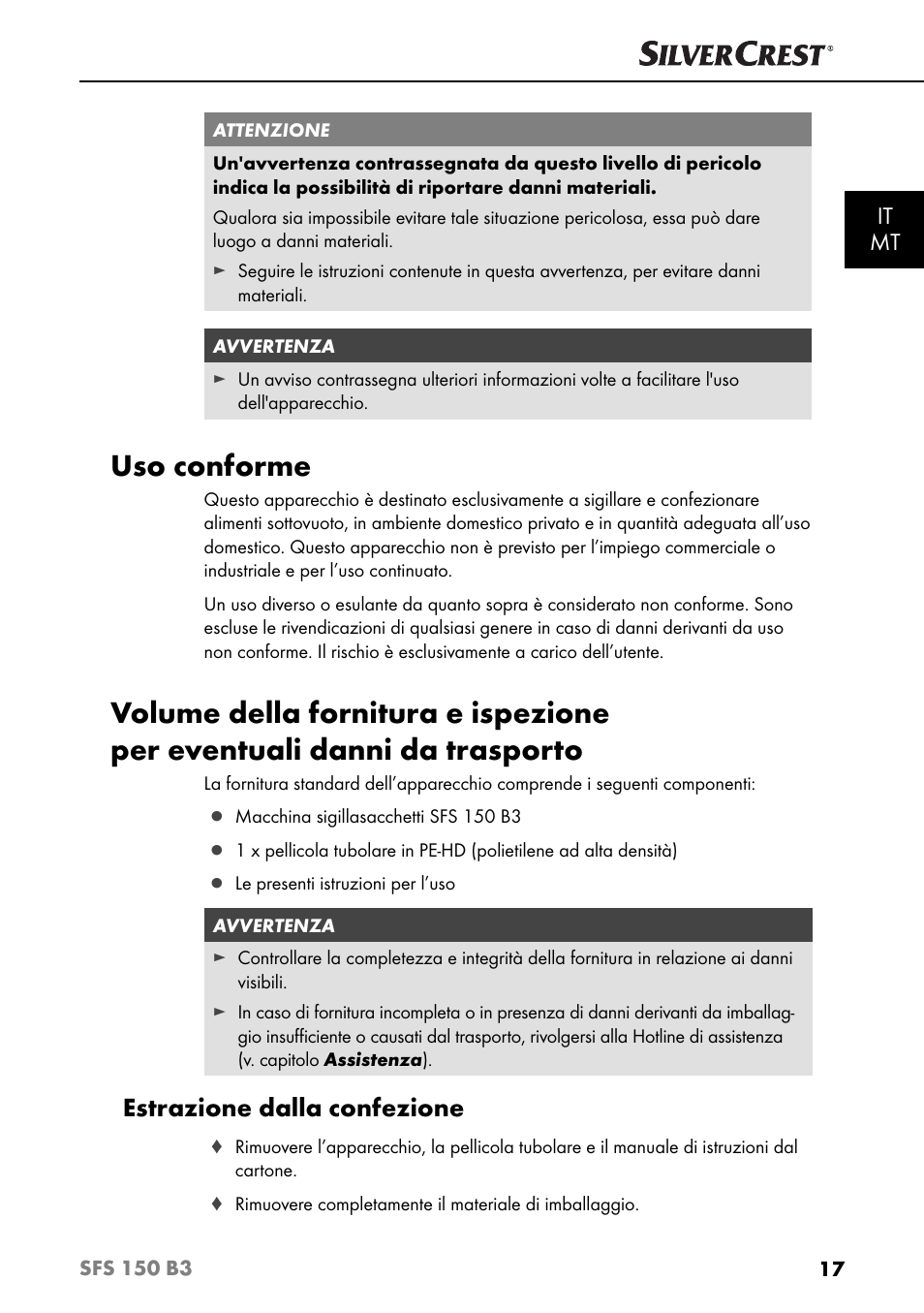 Uso conforme, Estrazione dalla confezione, It mt | Silvercrest SFS 150 B3 User Manual | Page 20 / 80