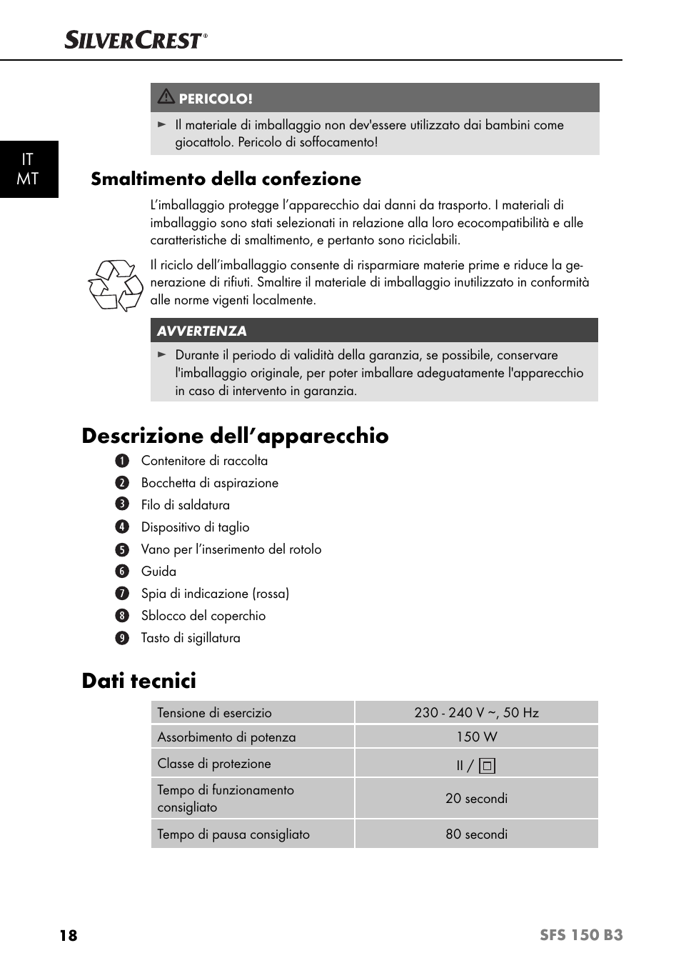 Descrizione dell’apparecchio, Dati tecnici, Smaltimento della confezione | It mt | Silvercrest SFS 150 B3 User Manual | Page 21 / 80