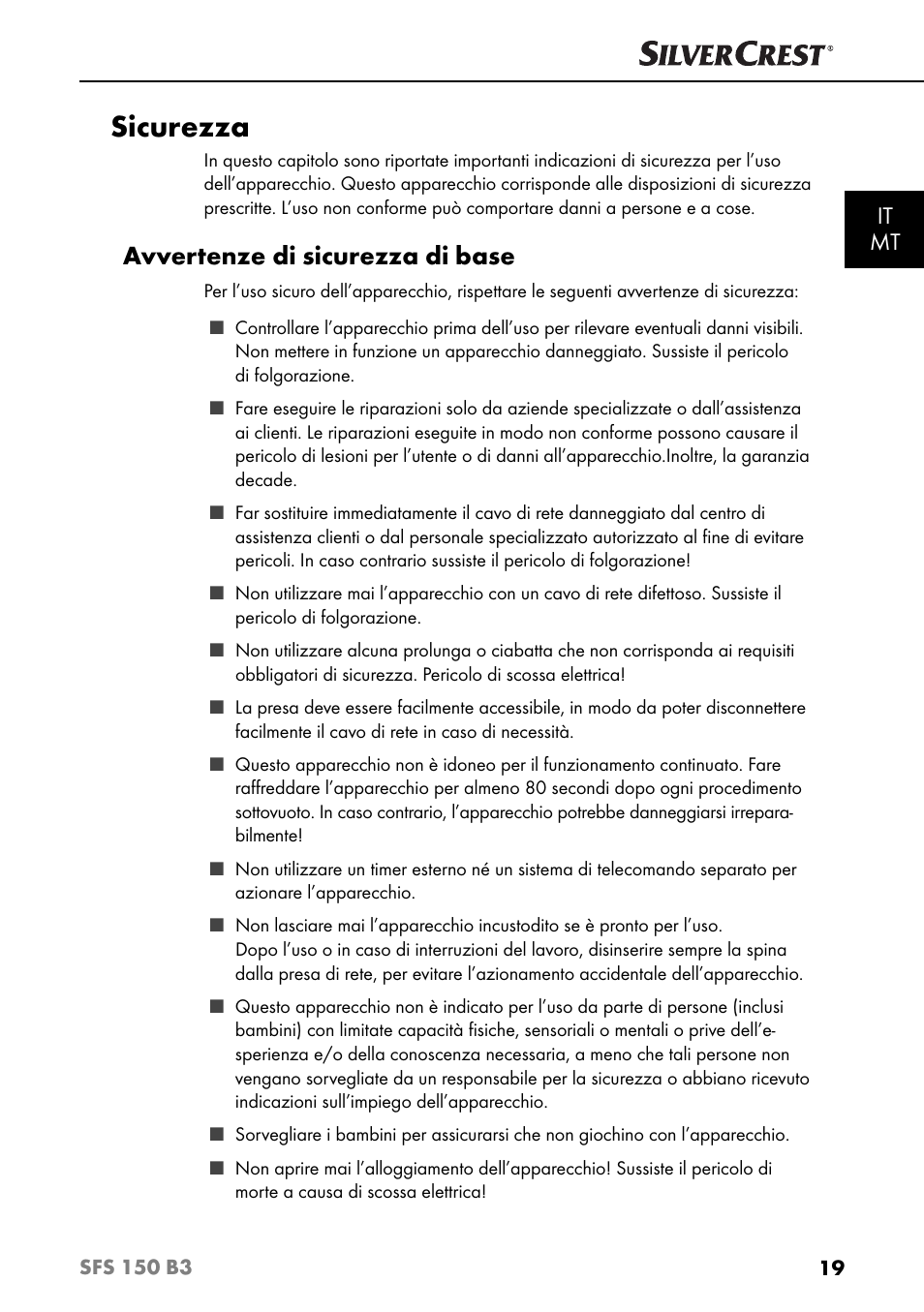 Sicurezza, Avvertenze di sicurezza di base, It mt | Silvercrest SFS 150 B3 User Manual | Page 22 / 80