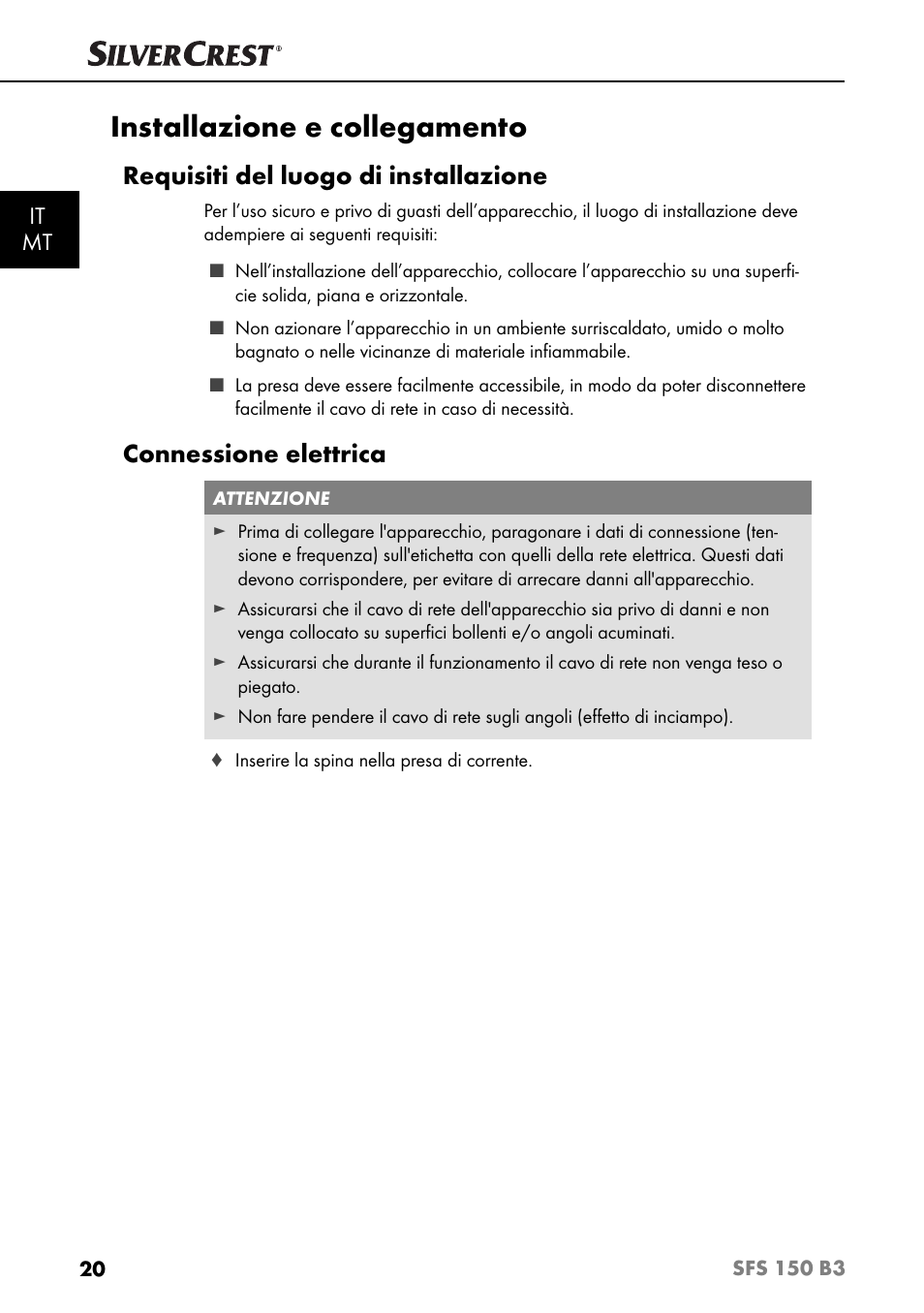 Installazione e collegamento, Requisiti del luogo di installazione, Connessione elettrica | It mt | Silvercrest SFS 150 B3 User Manual | Page 23 / 80