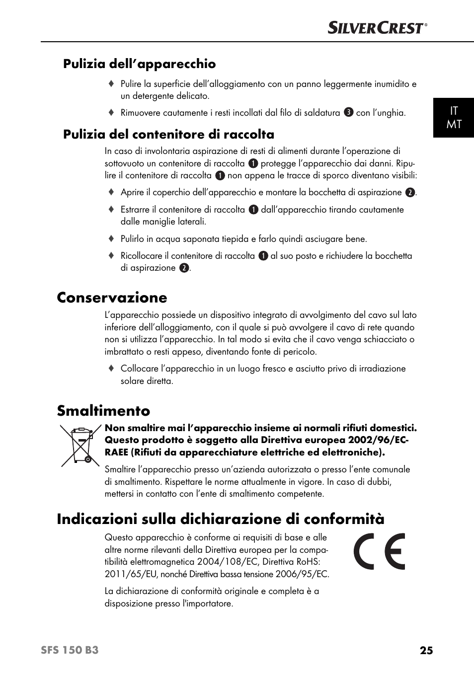 Conservazione, Smaltimento, Indicazioni sulla dichiarazione di conformità | Pulizia dell’apparecchio, Pulizia del contenitore di raccolta, It mt | Silvercrest SFS 150 B3 User Manual | Page 28 / 80