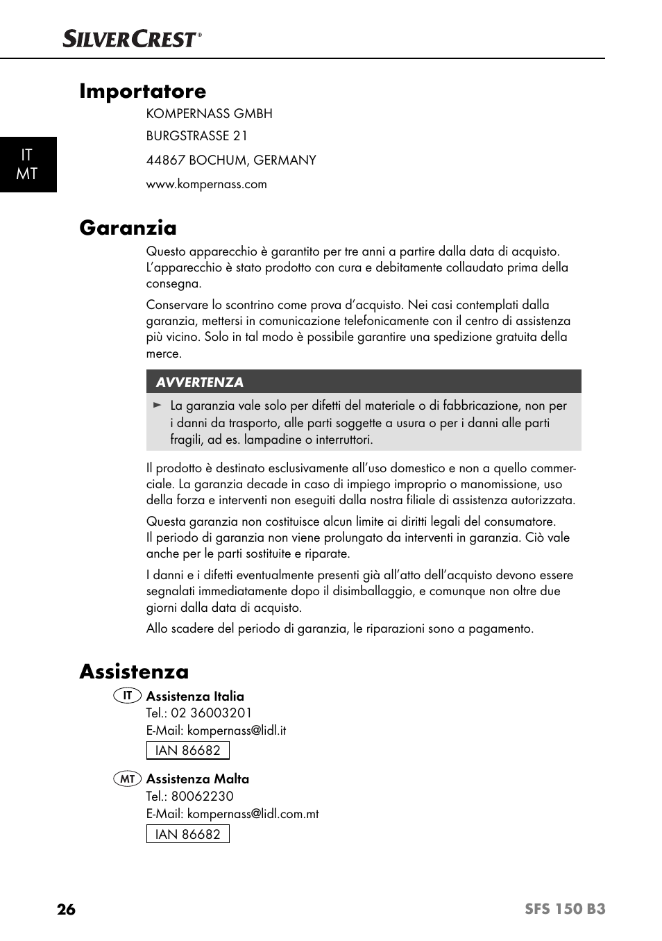 Importatore, Garanzia, Assistenza | It mt | Silvercrest SFS 150 B3 User Manual | Page 29 / 80