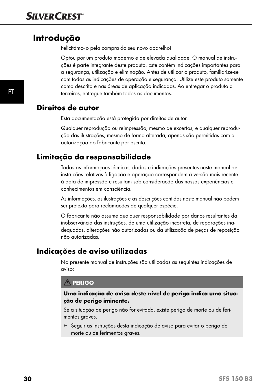 Introdução, Direitos de autor, Limitação da responsabilidade | Indicações de aviso utilizadas | Silvercrest SFS 150 B3 User Manual | Page 33 / 80