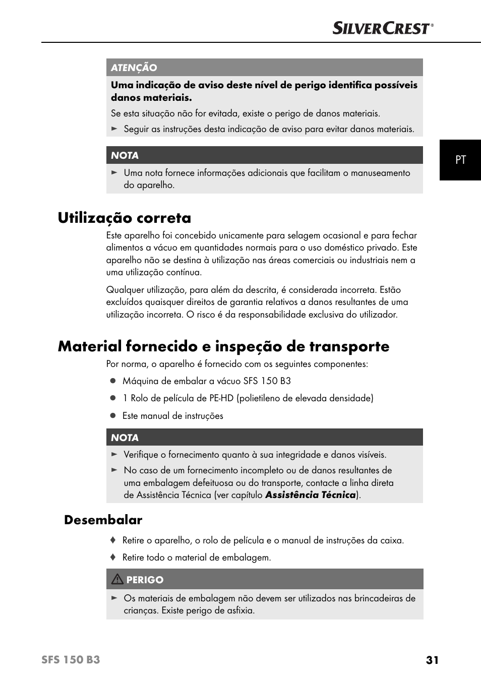 Utilização correta, Material fornecido e inspeção de transporte, Desembalar | Silvercrest SFS 150 B3 User Manual | Page 34 / 80