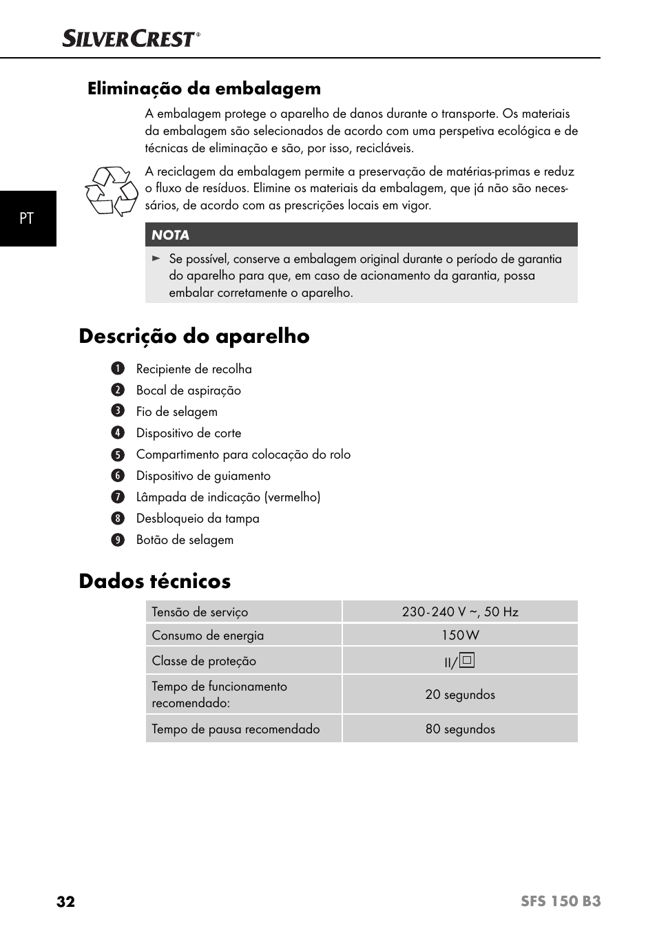 Descrição do aparelho, Dados técnicos, Eliminação da embalagem | Silvercrest SFS 150 B3 User Manual | Page 35 / 80