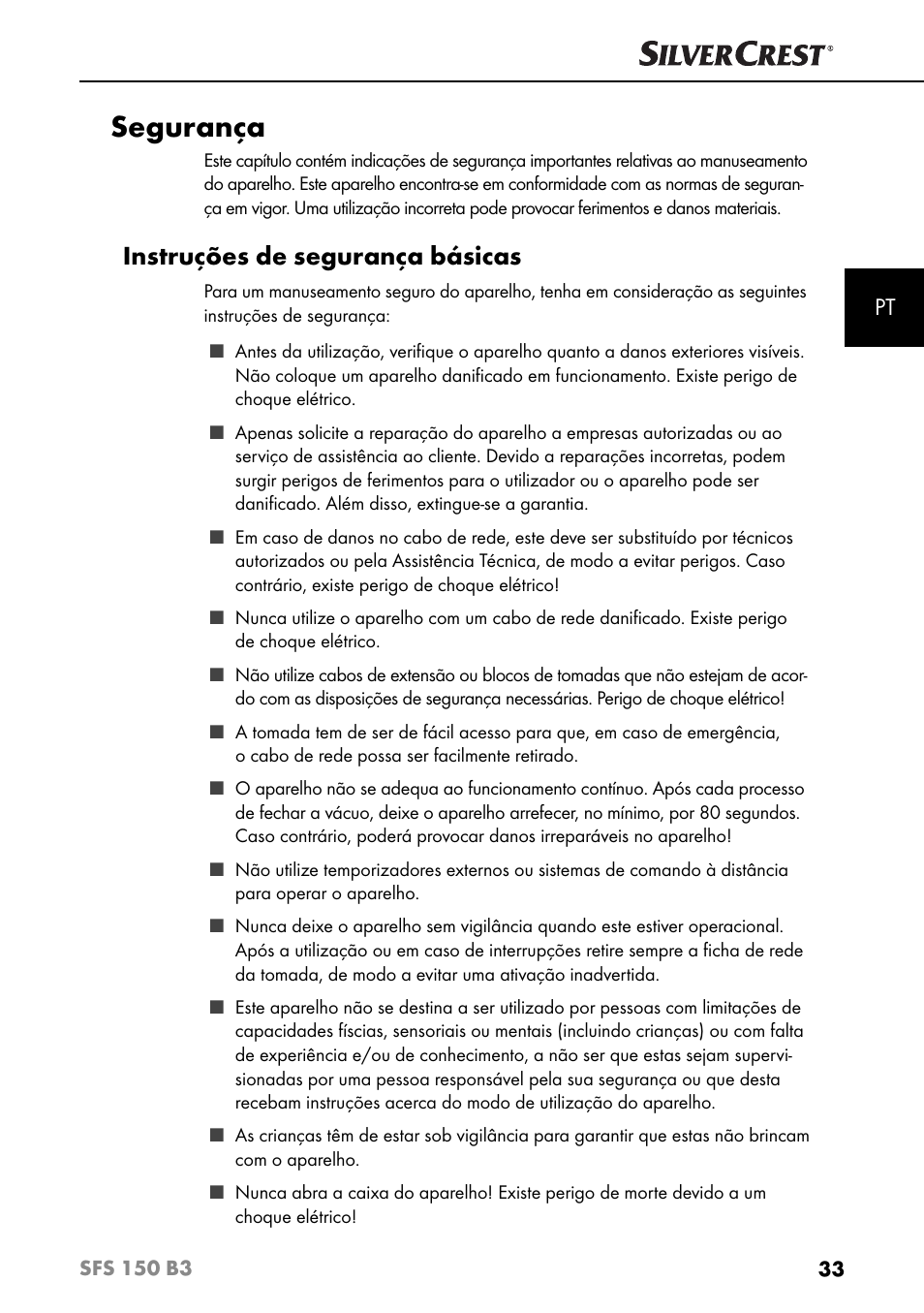 Segurança, Instruções de segurança básicas | Silvercrest SFS 150 B3 User Manual | Page 36 / 80