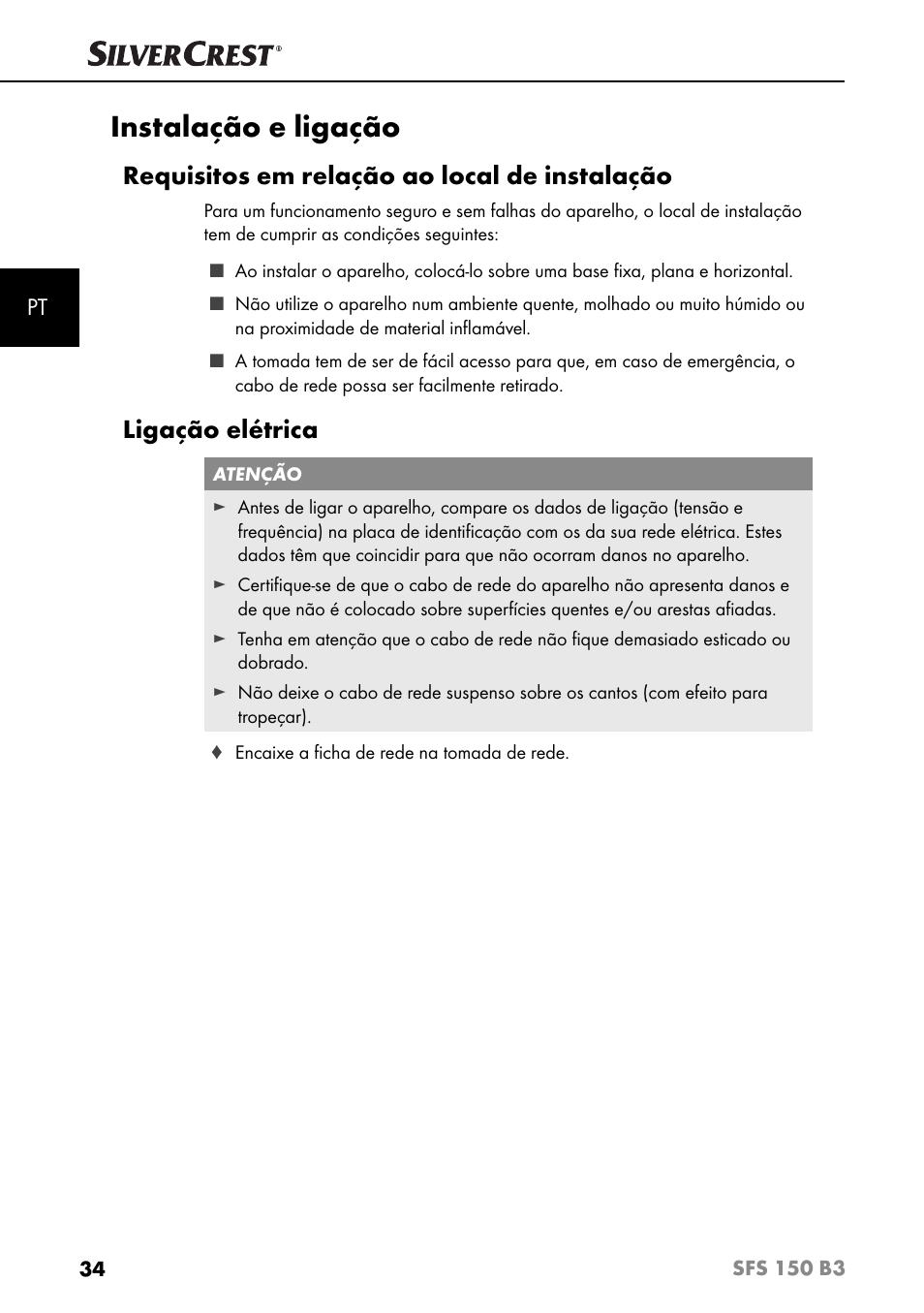Instalação e ligação, Requisitos em relação ao local de instalação, Ligação elétrica | Silvercrest SFS 150 B3 User Manual | Page 37 / 80