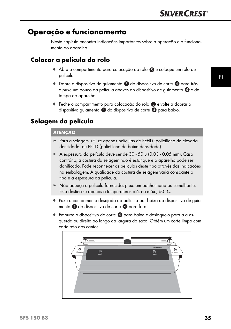 Operação e funcionamento, Colocar a película do rolo, Selagem da película | Silvercrest SFS 150 B3 User Manual | Page 38 / 80