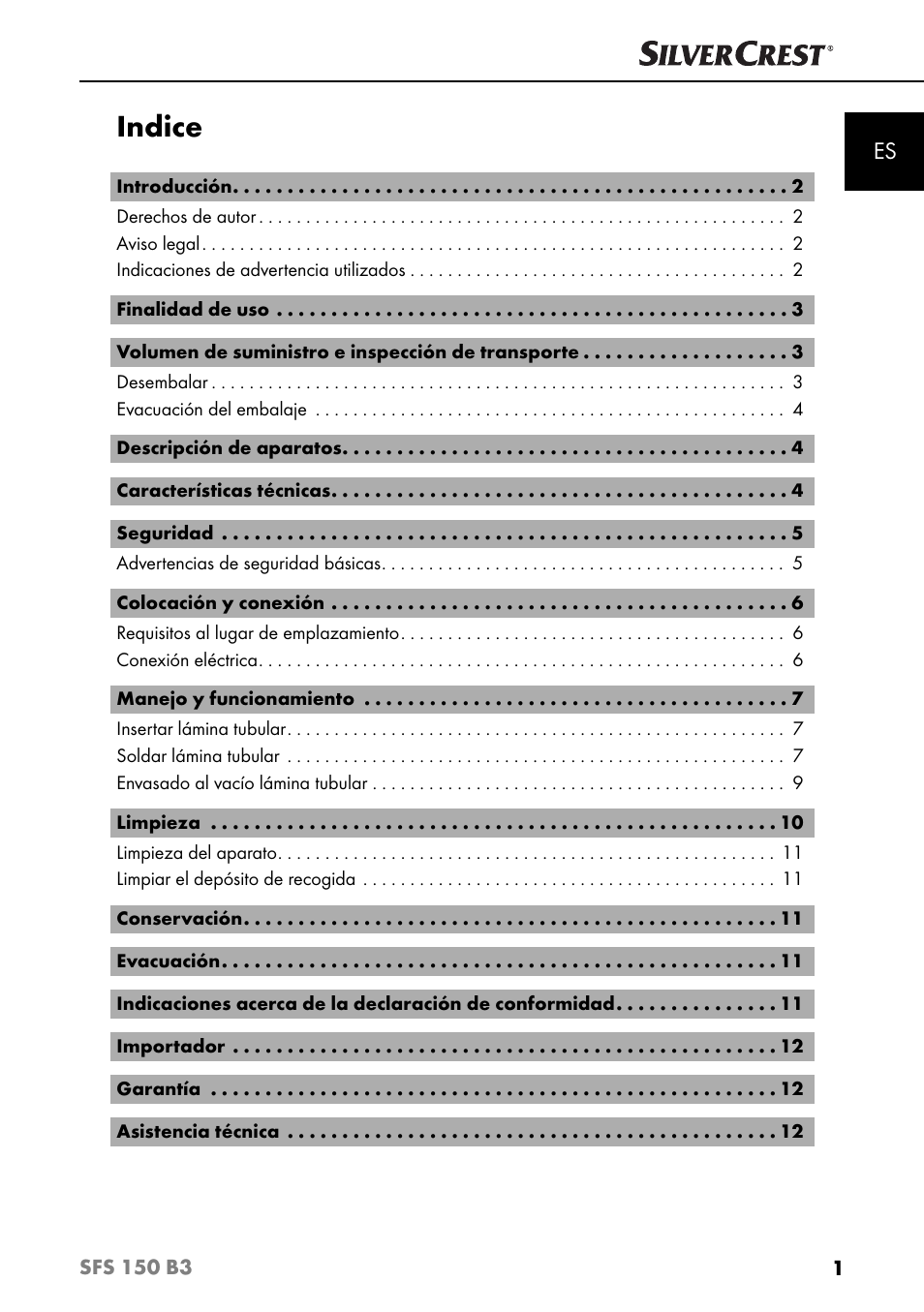 Indice | Silvercrest SFS 150 B3 User Manual | Page 4 / 80