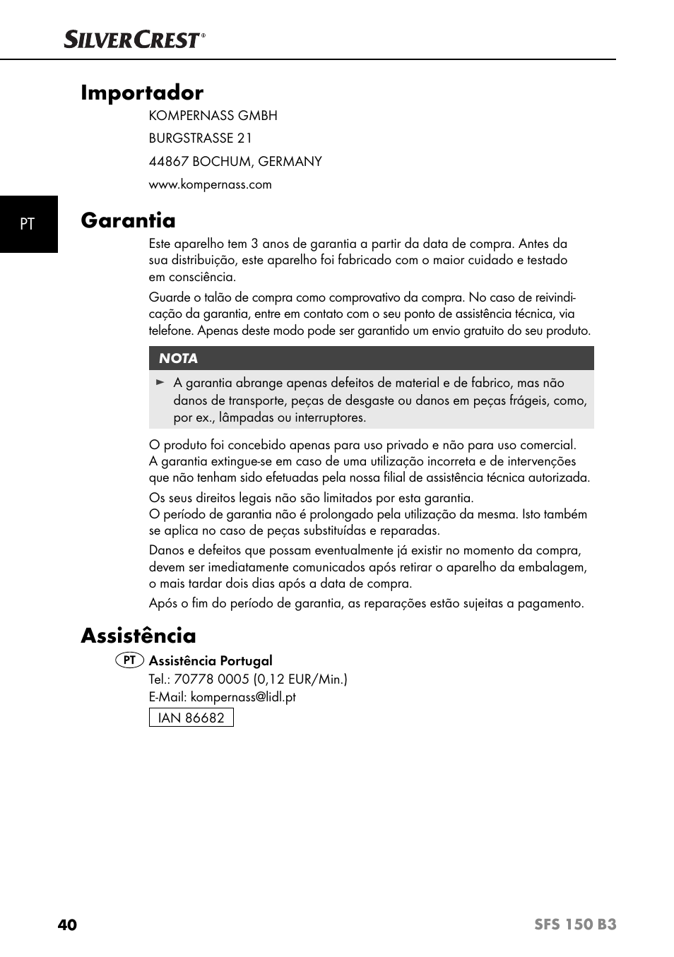 Importador, Garantia, Assistência | Silvercrest SFS 150 B3 User Manual | Page 43 / 80