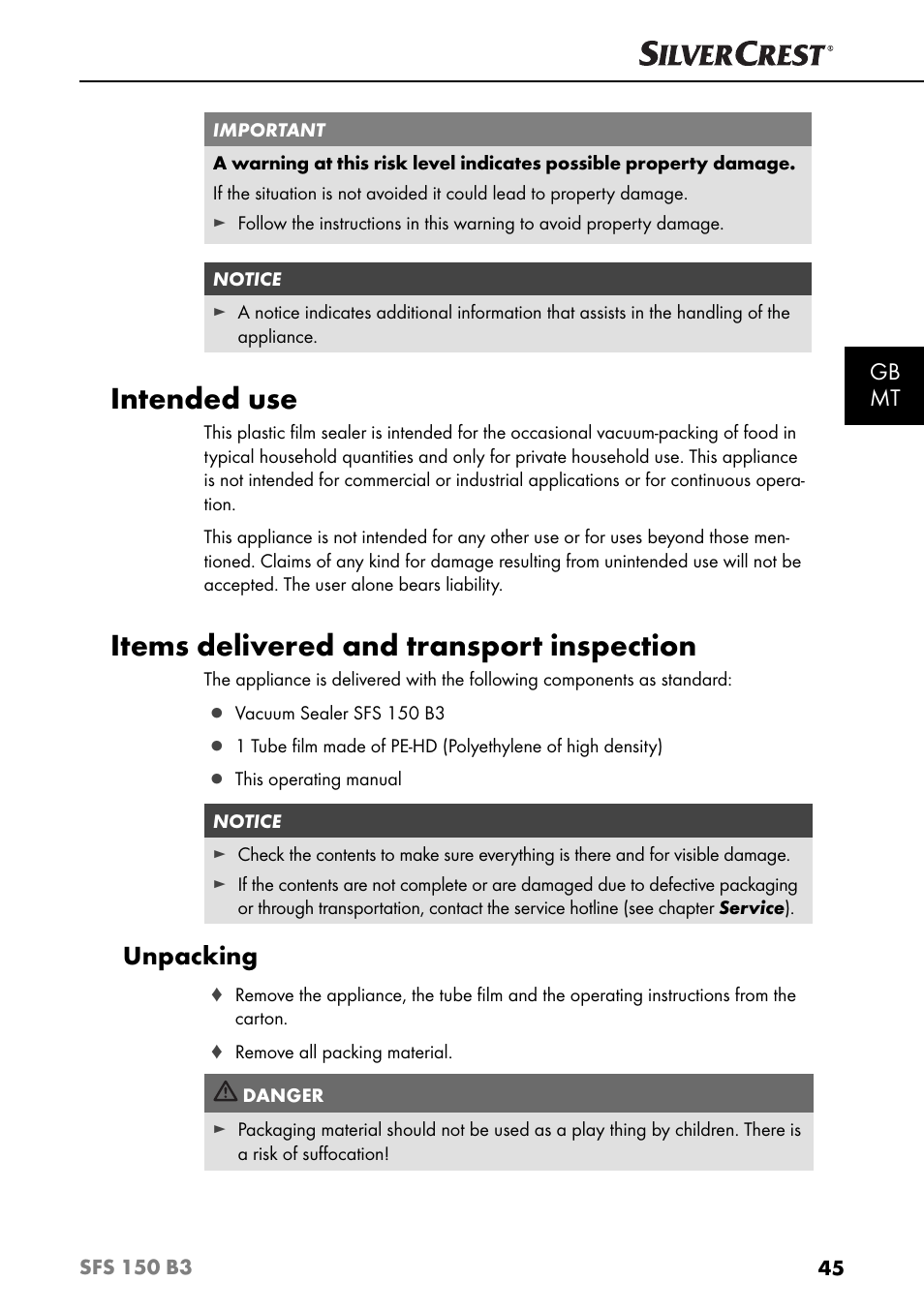 Intended use, Items delivered and transport inspection, Unpacking | Gb mt | Silvercrest SFS 150 B3 User Manual | Page 48 / 80