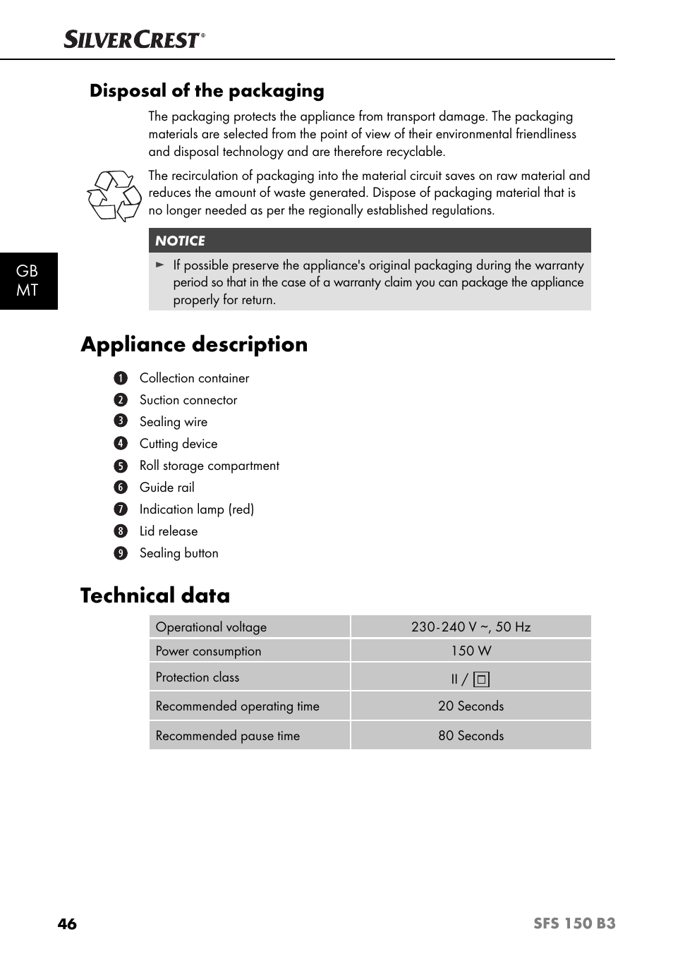 Appliance description, Technical data, Disposal of the packaging | Gb mt | Silvercrest SFS 150 B3 User Manual | Page 49 / 80