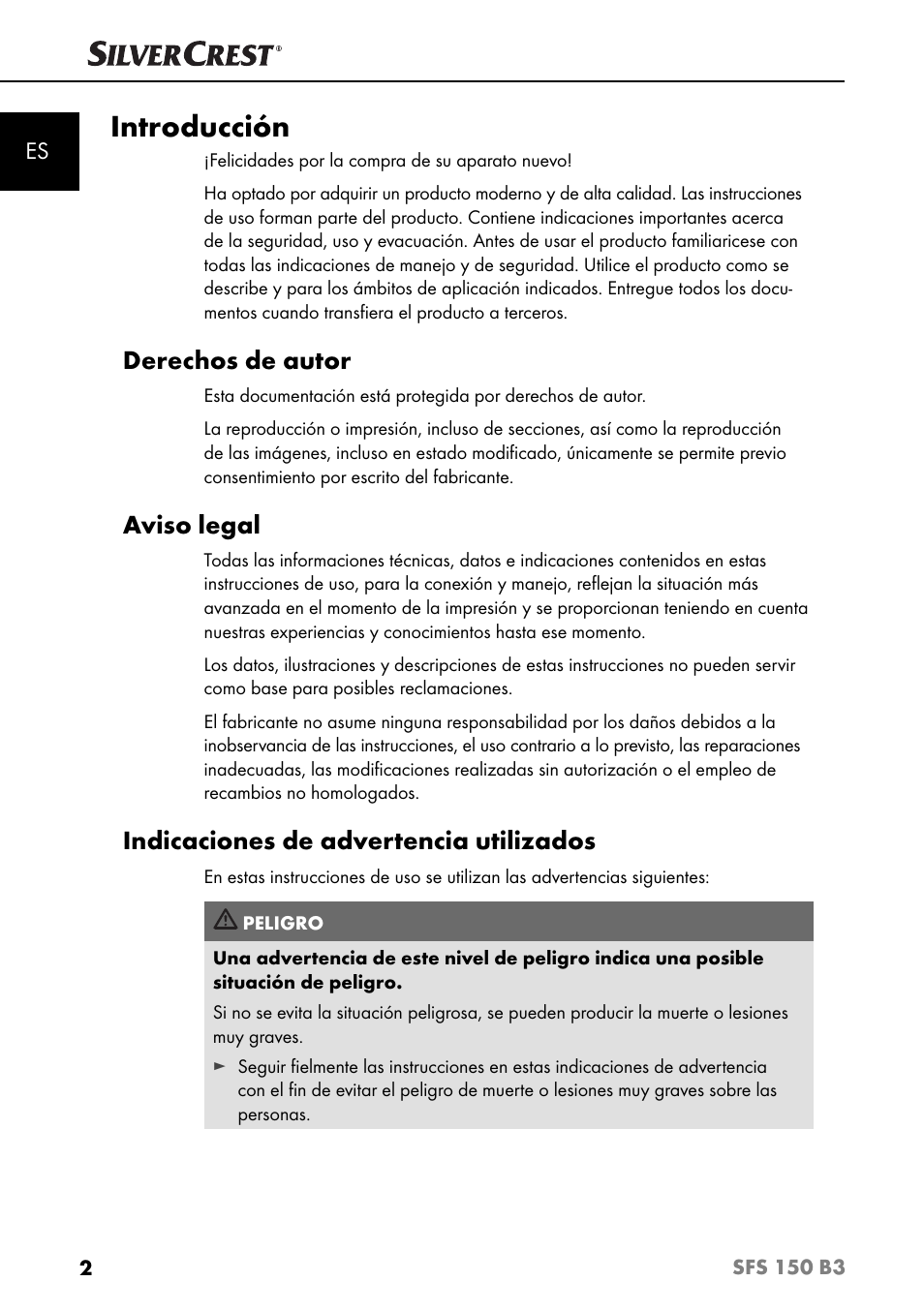 Introducción, Derechos de autor, Aviso legal | Indicaciones de advertencia utilizados | Silvercrest SFS 150 B3 User Manual | Page 5 / 80