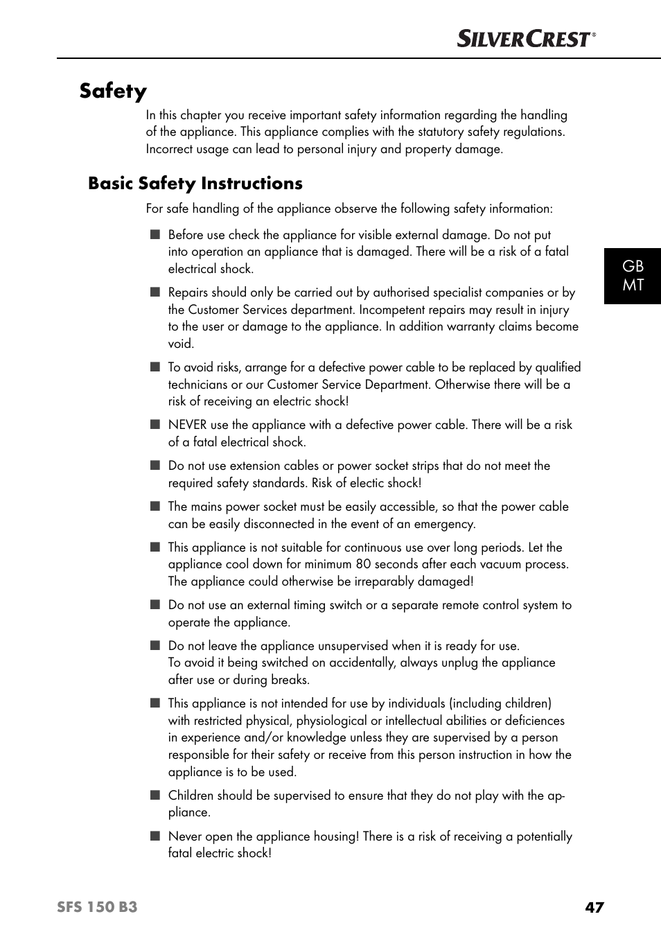Safety, Basic safety instructions, Gb mt | Silvercrest SFS 150 B3 User Manual | Page 50 / 80