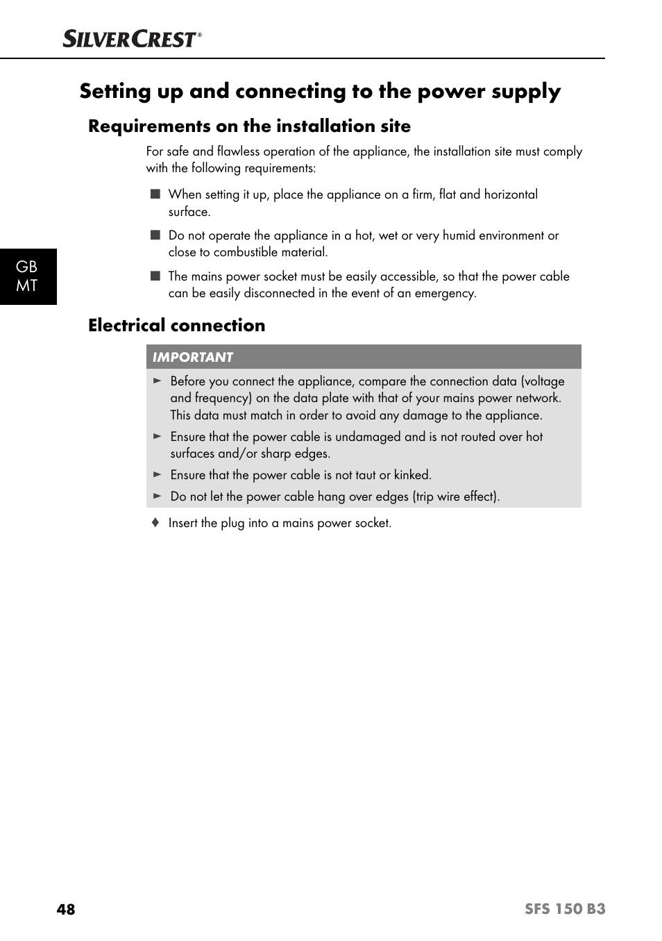 Setting up and connecting to the power supply, Requirements on the installation site, Electrical connection | Gb mt | Silvercrest SFS 150 B3 User Manual | Page 51 / 80