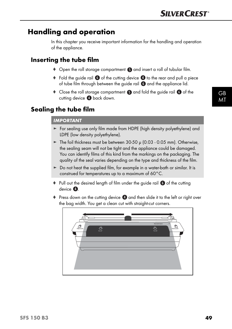 Handling and operation, Inserting the tube ﬁ lm, Sealing the tube ﬁ lm | Gb mt | Silvercrest SFS 150 B3 User Manual | Page 52 / 80