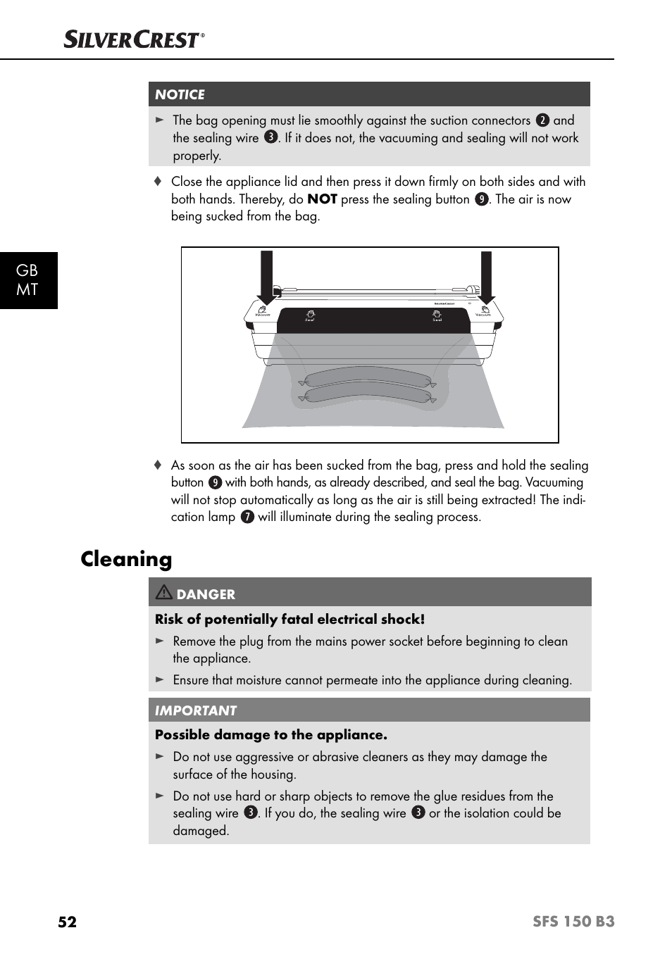 Cleaning, Gb mt | Silvercrest SFS 150 B3 User Manual | Page 55 / 80