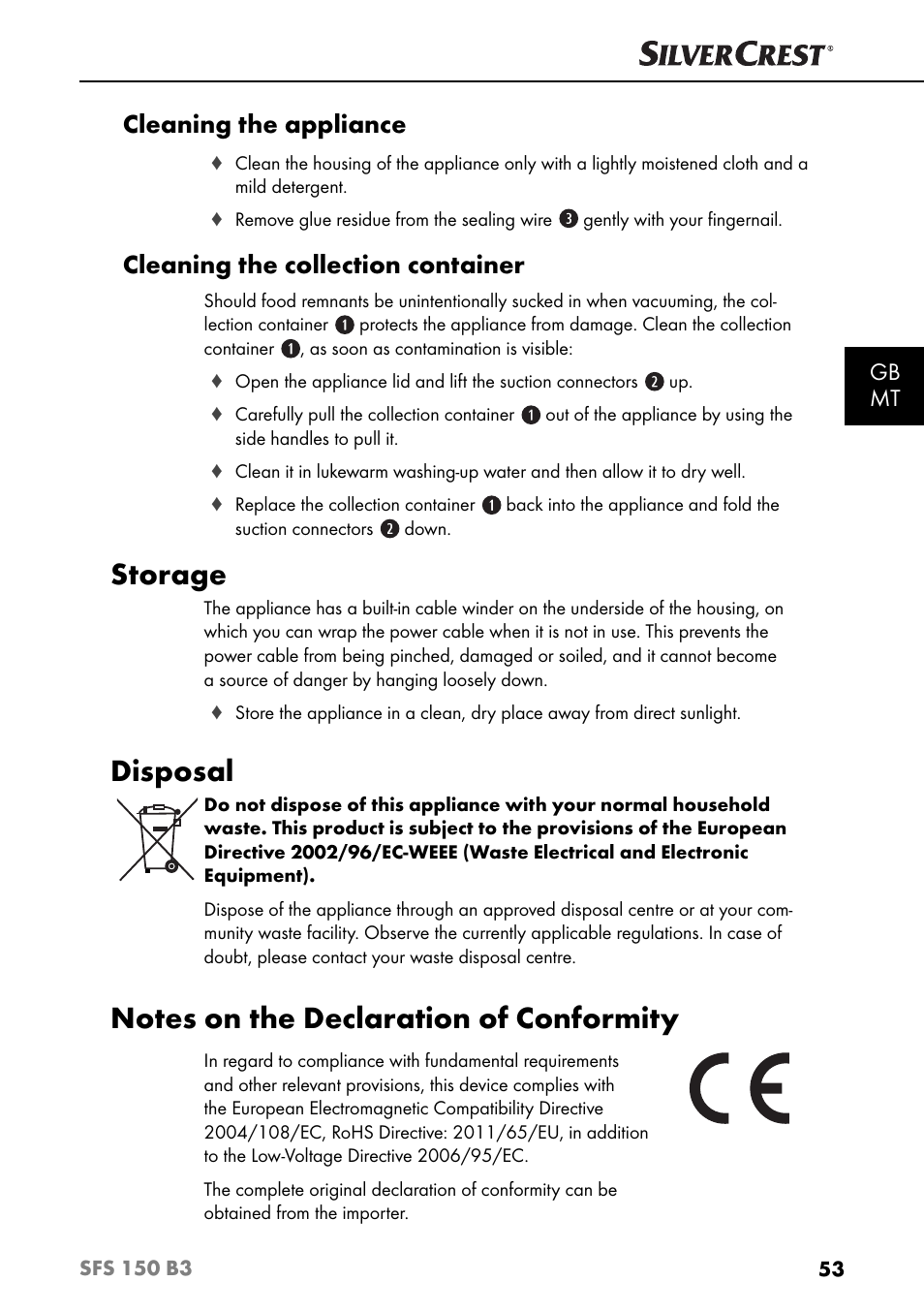 Storage, Disposal, Cleaning the appliance | Cleaning the collection container, Gb mt | Silvercrest SFS 150 B3 User Manual | Page 56 / 80
