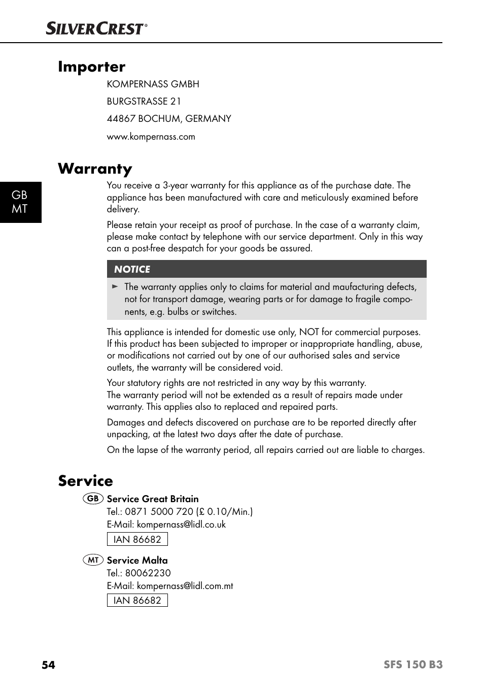Importer, Warranty, Service | Gb mt | Silvercrest SFS 150 B3 User Manual | Page 57 / 80