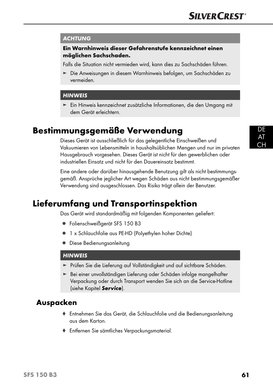 Bestimmungsgemäße verwendung, Lieferumfang und transportinspektion, Auspacken | De at ch | Silvercrest SFS 150 B3 User Manual | Page 64 / 80