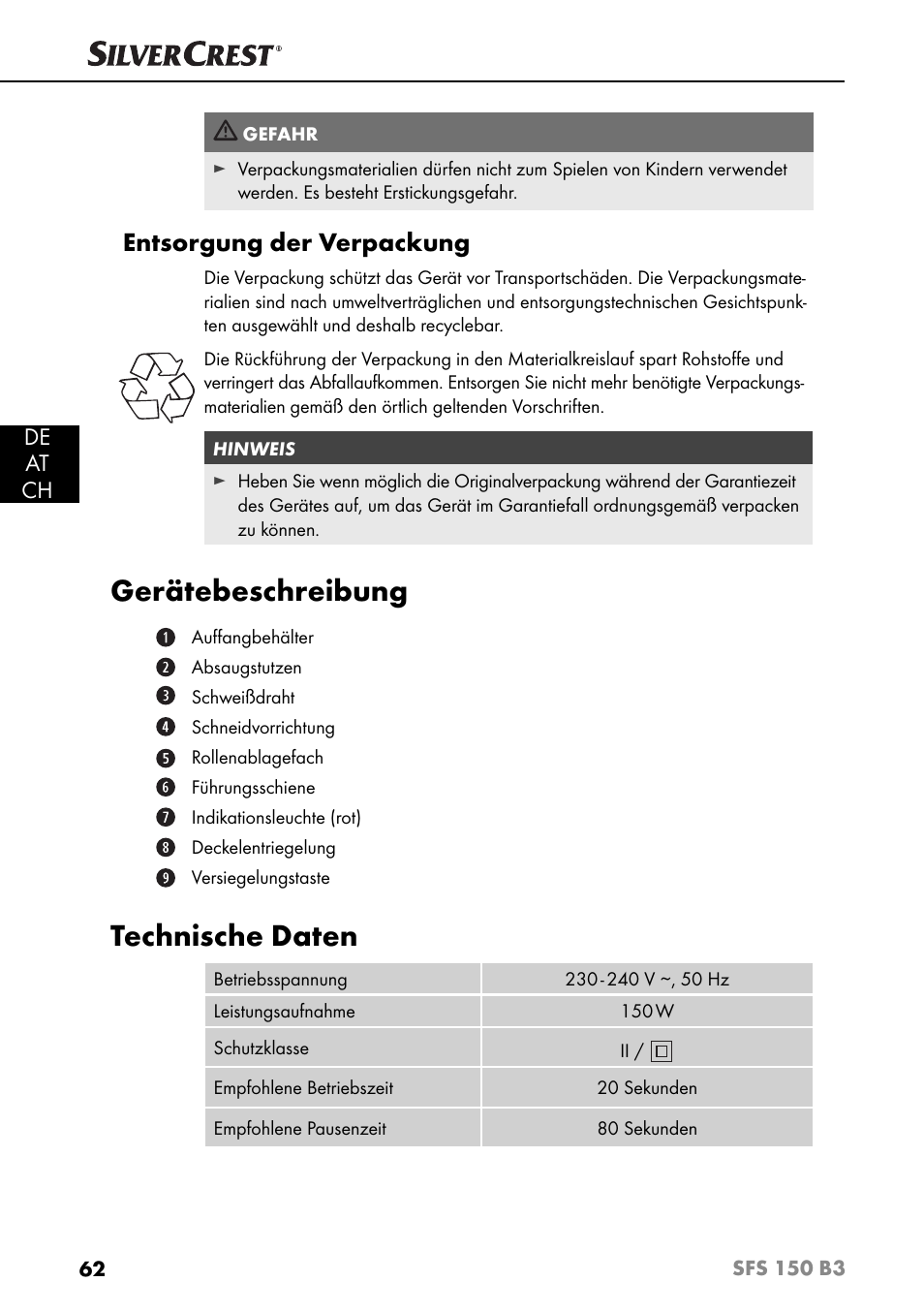 Gerätebeschreibung, Technische daten, Entsorgung der verpackung | De at ch | Silvercrest SFS 150 B3 User Manual | Page 65 / 80