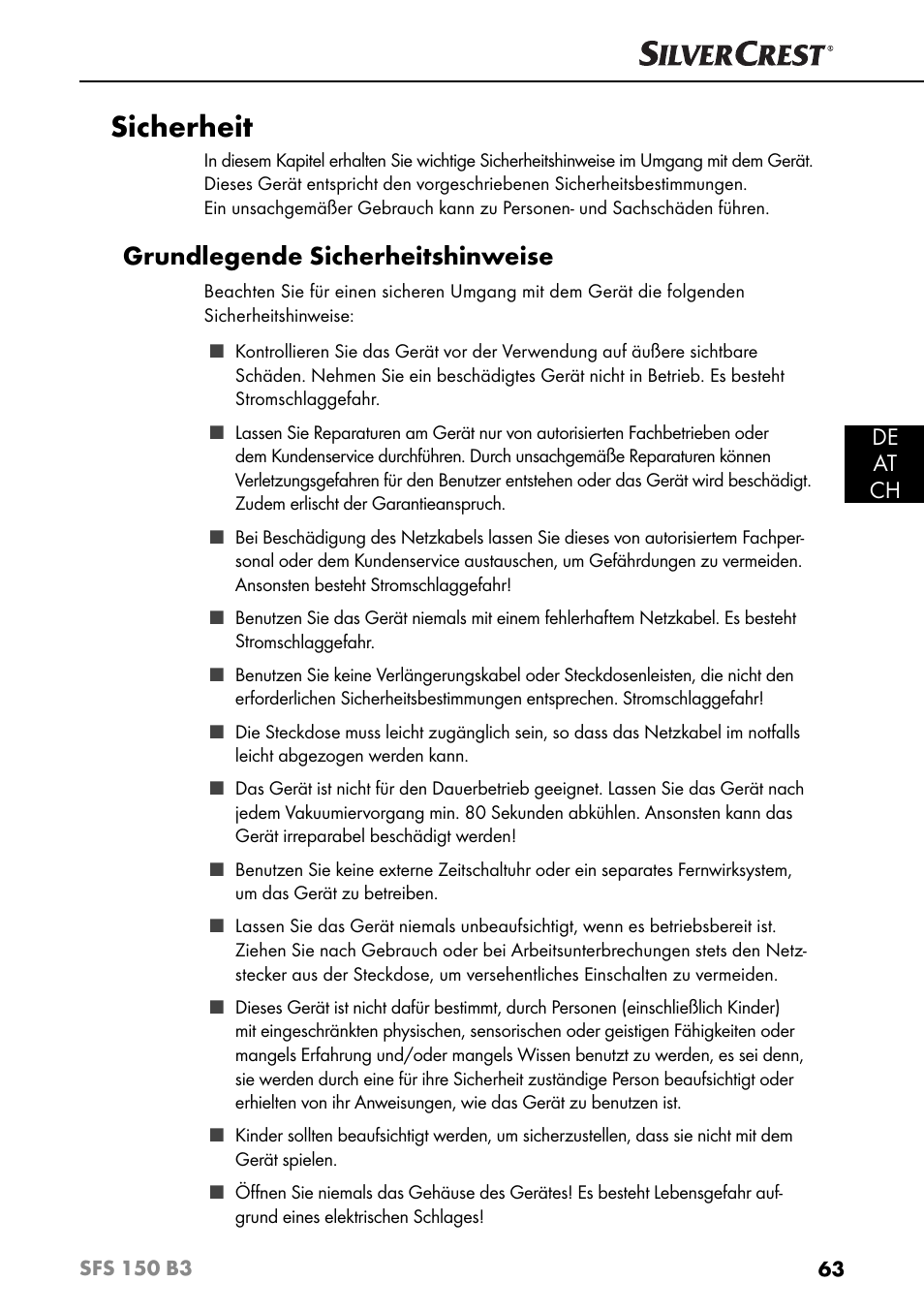 Sicherheit, Grundlegende sicherheitshinweise, De at ch | Silvercrest SFS 150 B3 User Manual | Page 66 / 80