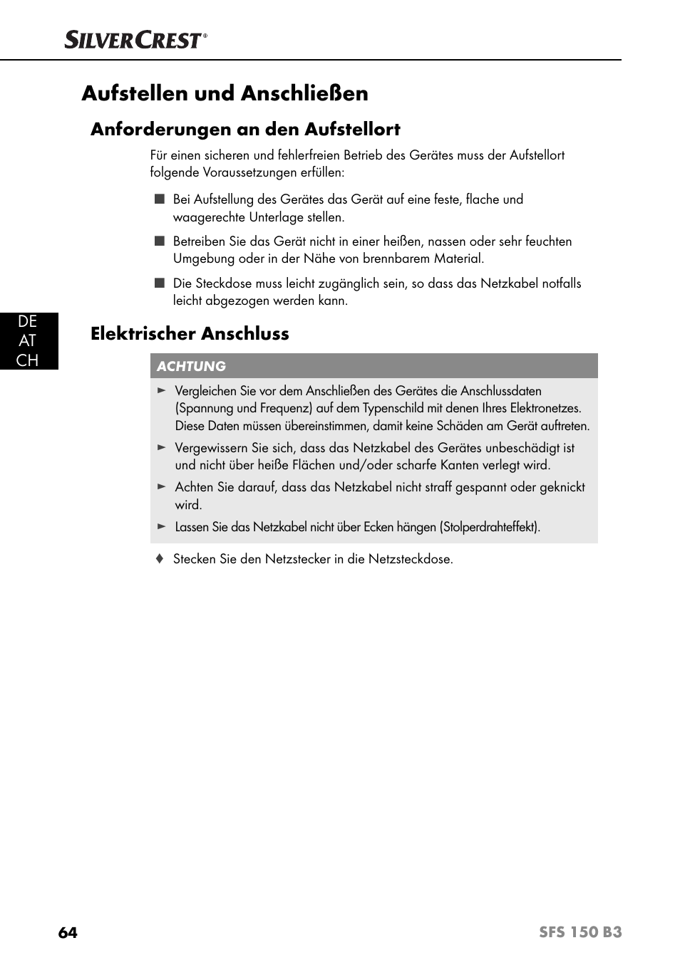 Aufstellen und anschließen, Anforderungen an den aufstellort, Elektrischer anschluss | De at ch | Silvercrest SFS 150 B3 User Manual | Page 67 / 80