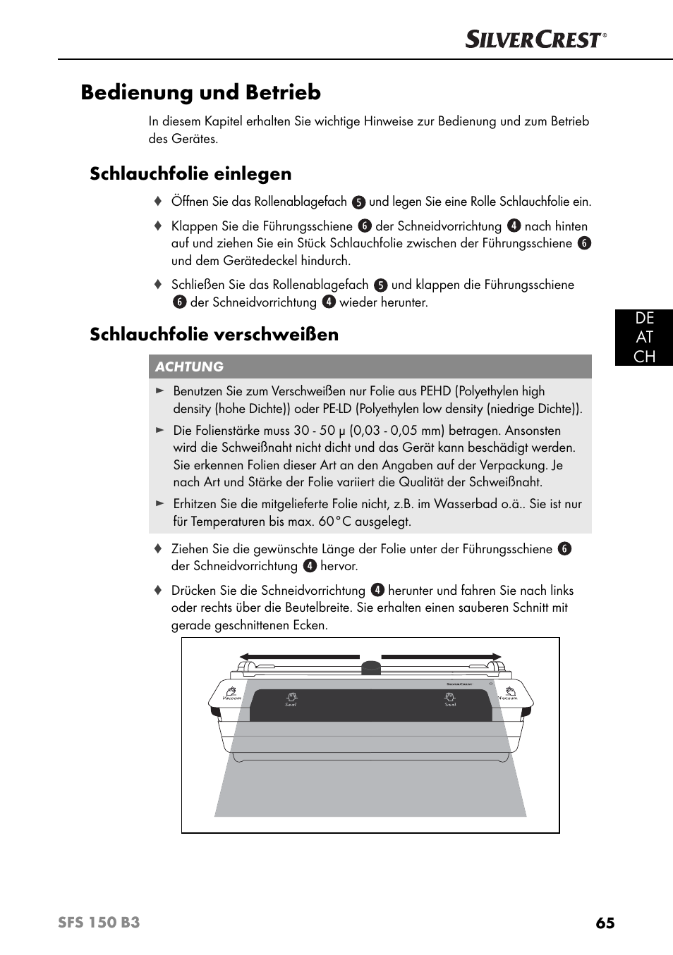 Bedienung und betrieb, Schlauchfolie einlegen, Schlauchfolie verschweißen | De at ch | Silvercrest SFS 150 B3 User Manual | Page 68 / 80