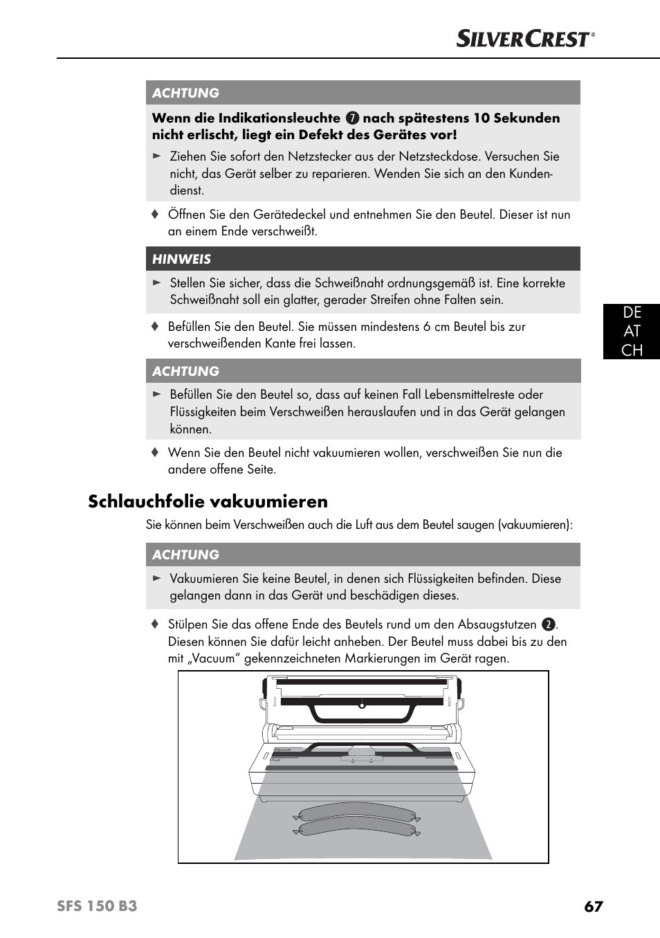 Schlauchfolie vakuumieren, De at ch | Silvercrest SFS 150 B3 User Manual | Page 70 / 80