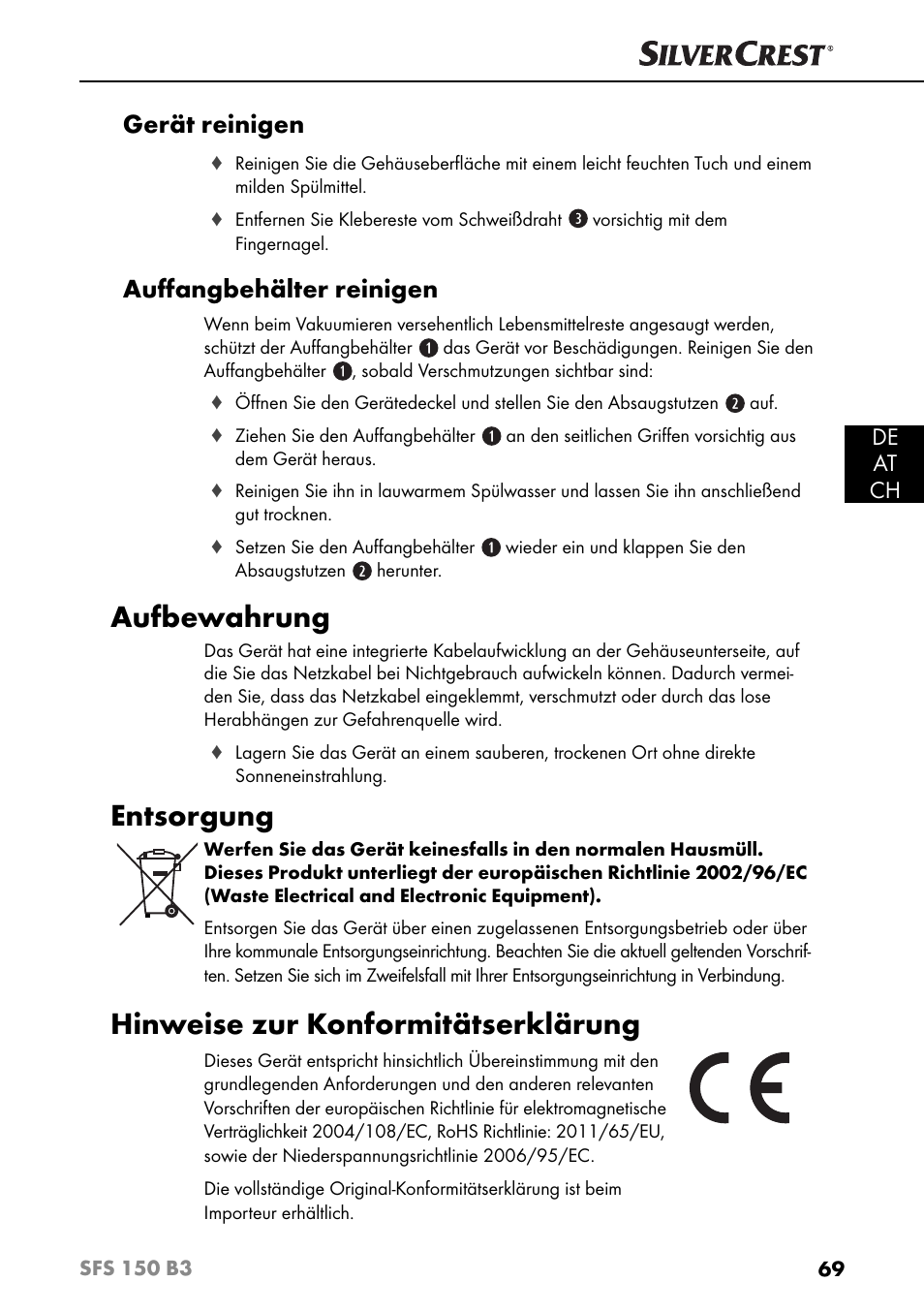 Aufbewahrung, Entsorgung, Hinweise zur konformitätserklärung | Gerät reinigen, Auﬀ angbehälter reinigen, De at ch | Silvercrest SFS 150 B3 User Manual | Page 72 / 80