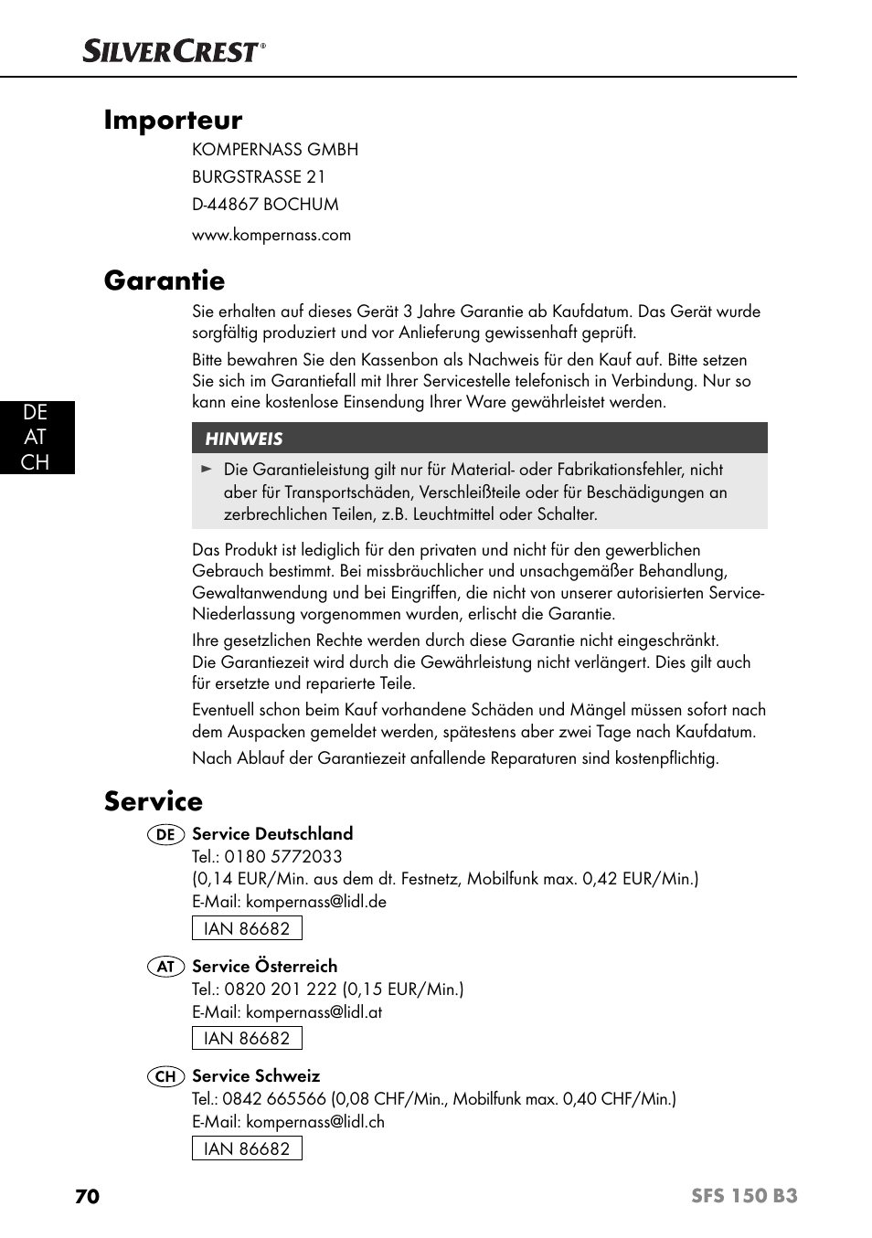 Importeur, Garantie, Service | De at ch | Silvercrest SFS 150 B3 User Manual | Page 73 / 80
