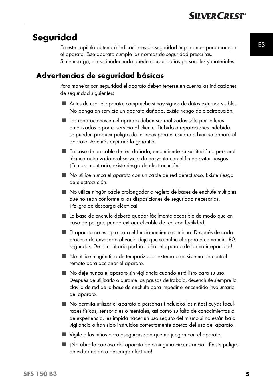Seguridad, Advertencias de seguridad básicas | Silvercrest SFS 150 B3 User Manual | Page 8 / 80