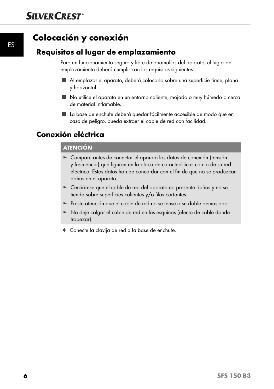 Colocación y conexión, Requisitos al lugar de emplazamiento, Conexión eléctrica | Silvercrest SFS 150 B3 User Manual | Page 9 / 80