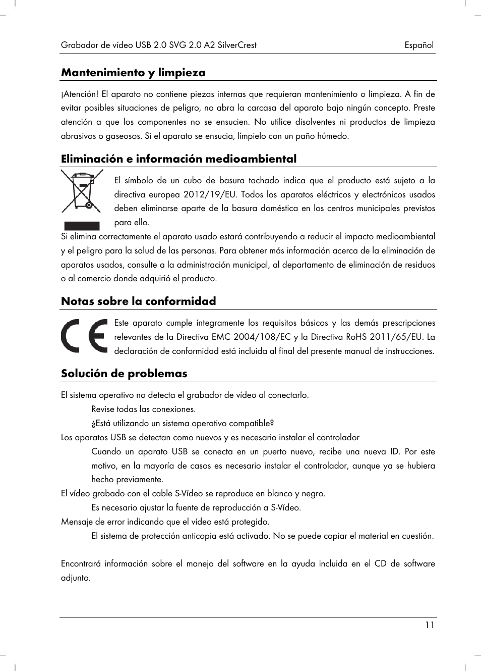 Mantenimiento y limpieza, Eliminación e información medioambiental, Notas sobre la conformidad | Solución de problemas | Silvercrest SVG 2.0 A2 User Manual | Page 12 / 51