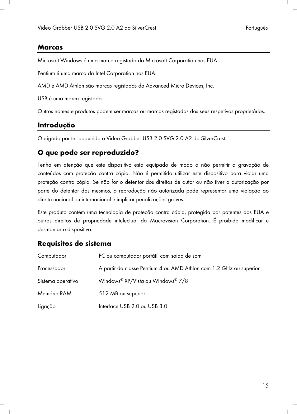 Marcas, Introdução, O que pode ser reproduzido | Requisitos do sistema | Silvercrest SVG 2.0 A2 User Manual | Page 16 / 51