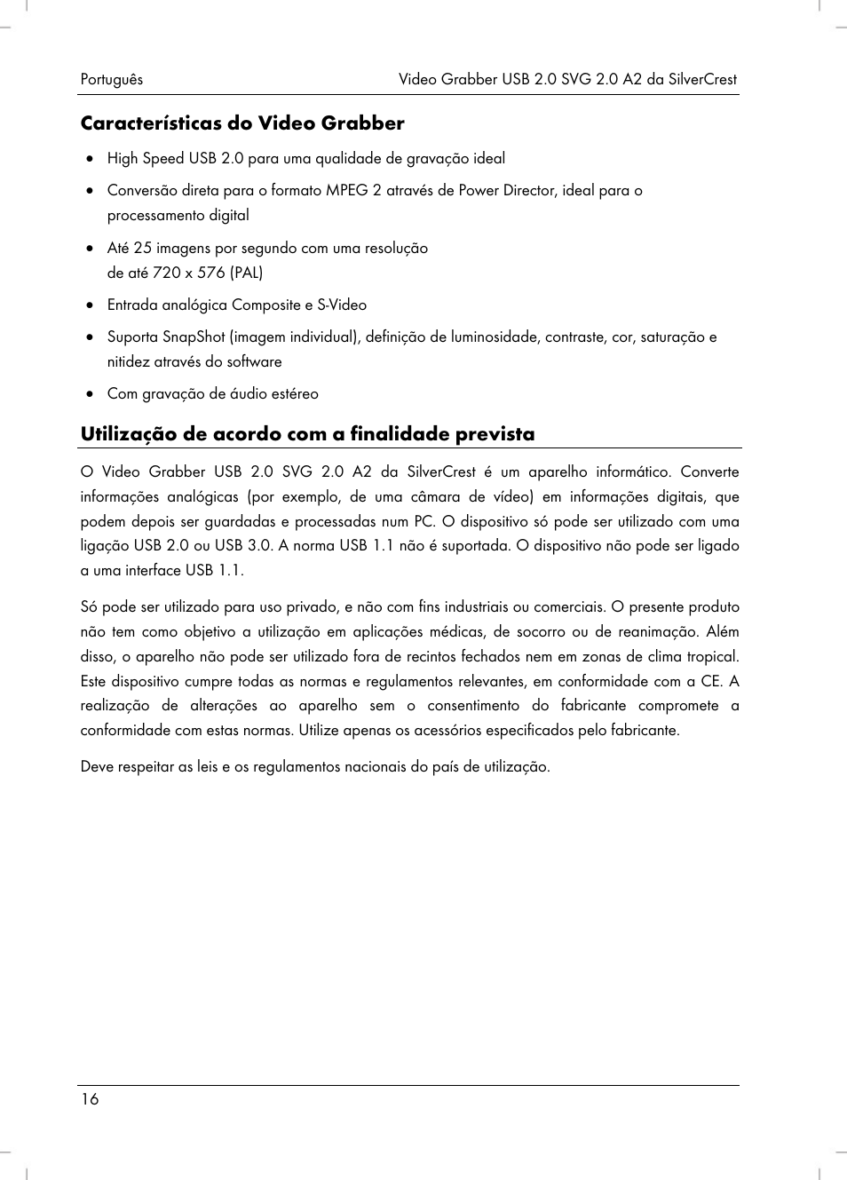 Características do video grabber, Utilização de acordo com a finalidade prevista | Silvercrest SVG 2.0 A2 User Manual | Page 17 / 51