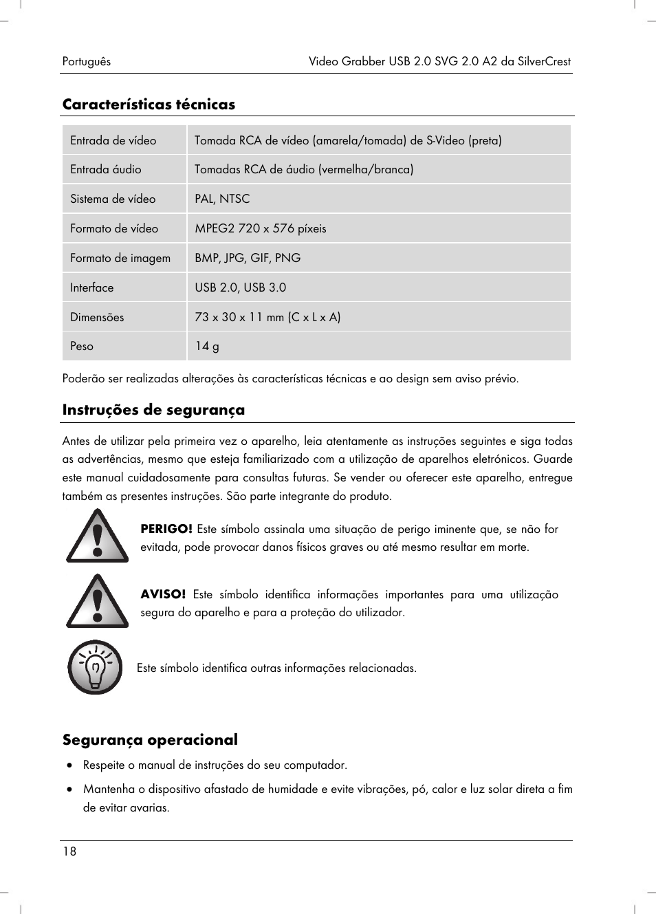 Características técnicas, Instruções de segurança, Segurança operacional | Silvercrest SVG 2.0 A2 User Manual | Page 19 / 51