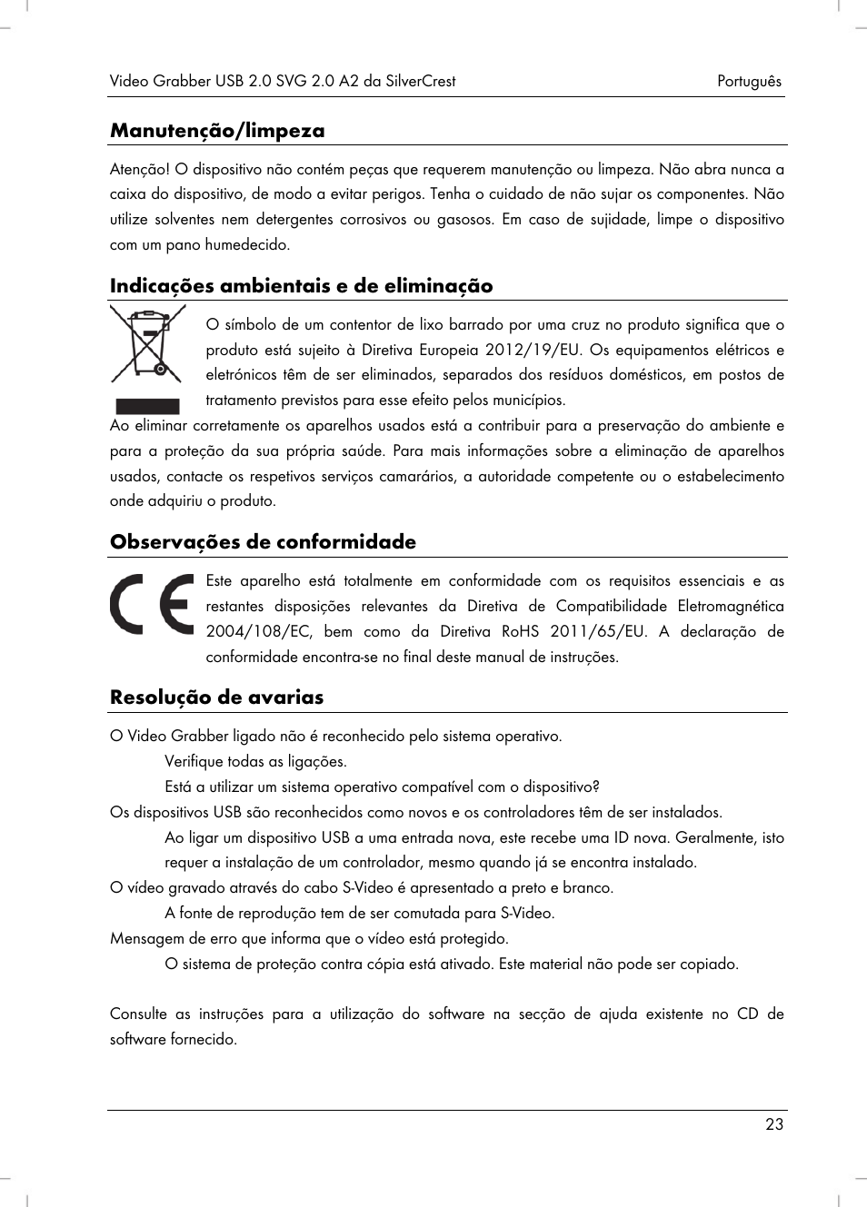 Manutenção/limpeza, Indicações ambientais e de eliminação, Observações de conformidade | Resolução de avarias | Silvercrest SVG 2.0 A2 User Manual | Page 24 / 51