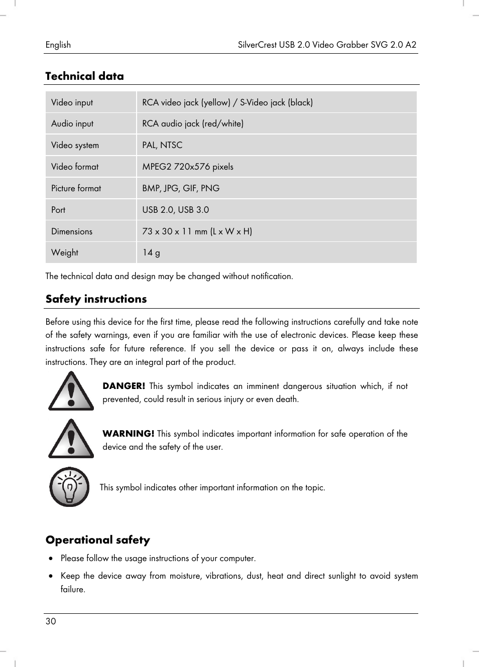 Technical data, Safety instructions, Operational safety | Silvercrest SVG 2.0 A2 User Manual | Page 31 / 51