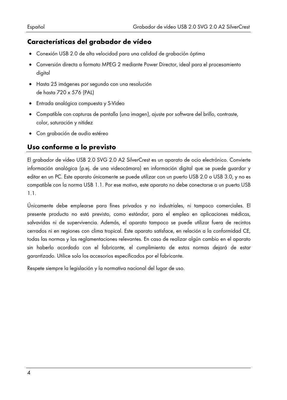 Características del grabador de vídeo, Uso conforme a lo previsto | Silvercrest SVG 2.0 A2 User Manual | Page 5 / 51