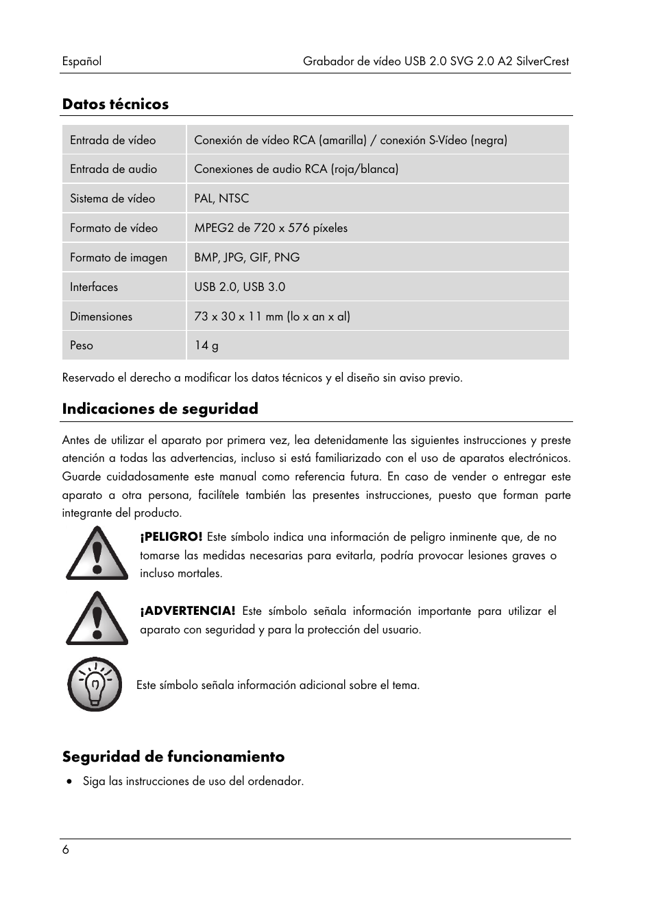 Datos técnicos, Indicaciones de seguridad, Seguridad de funcionamiento | Silvercrest SVG 2.0 A2 User Manual | Page 7 / 51