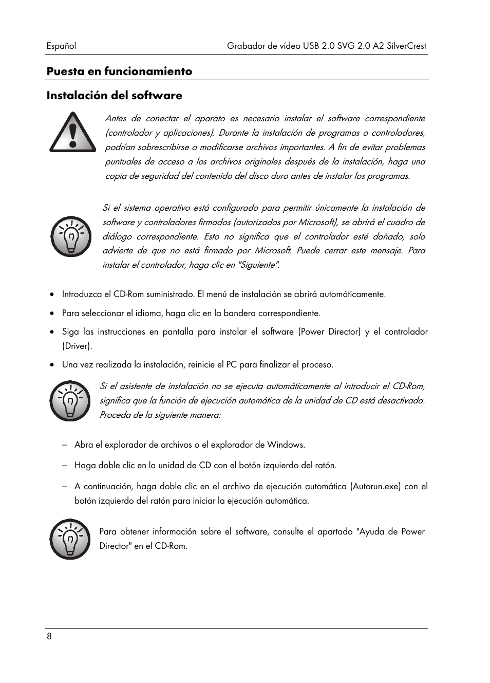 Puesta en funcionamiento instalación del software | Silvercrest SVG 2.0 A2 User Manual | Page 9 / 51