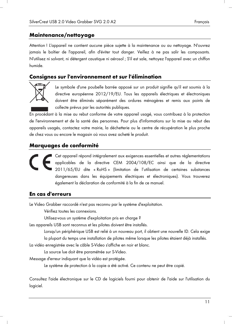 Maintenance/nettoyage, Consignes sur l'environnement et sur l'élimination, Marquages de conformité | En cas d'erreurs | Silvercrest SVG 2.0 A2 User Manual | Page 12 / 39