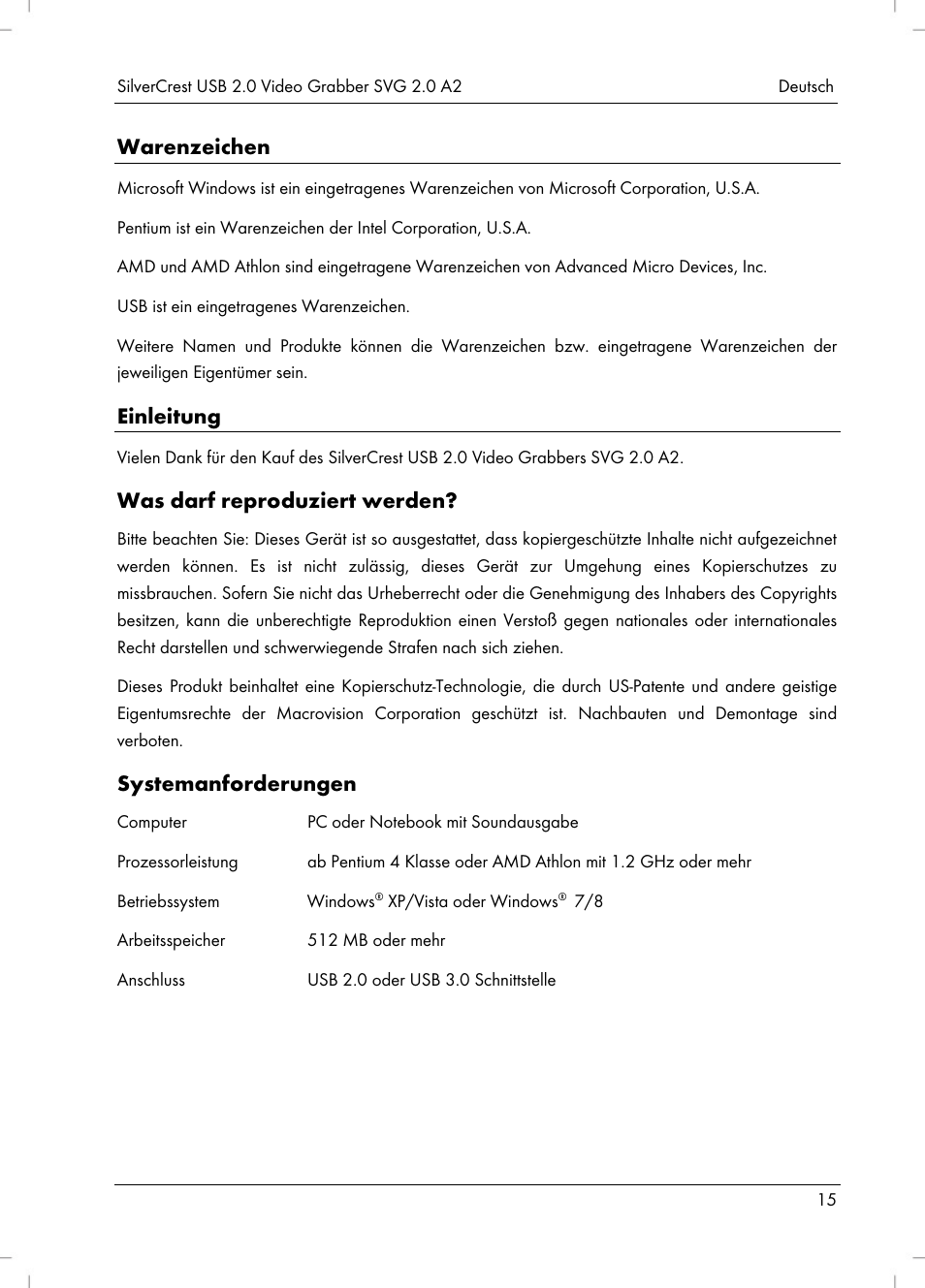 Warenzeichen, Einleitung, Was darf reproduziert werden | Systemanforderungen | Silvercrest SVG 2.0 A2 User Manual | Page 16 / 39