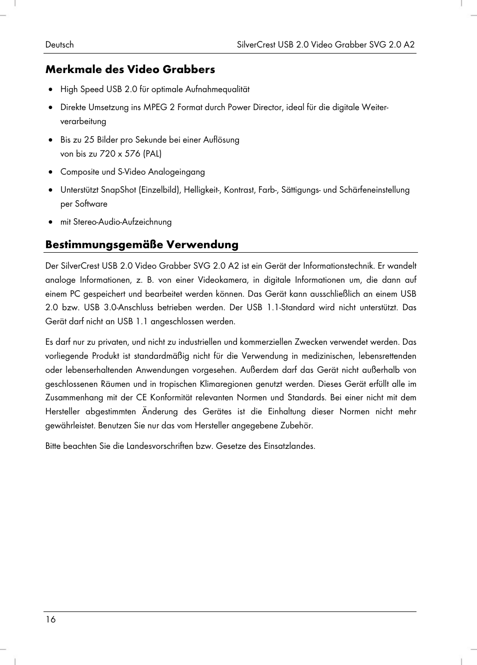 Merkmale des video grabbers, Bestimmungsgemäße verwendung | Silvercrest SVG 2.0 A2 User Manual | Page 17 / 39