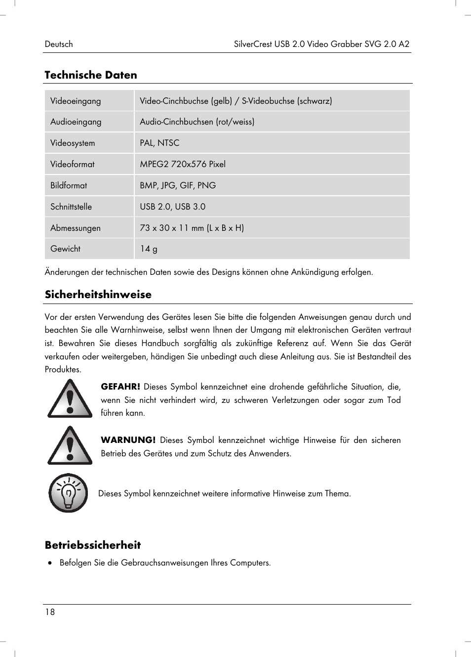 Technische daten, Sicherheitshinweise, Betriebssicherheit | Silvercrest SVG 2.0 A2 User Manual | Page 19 / 39